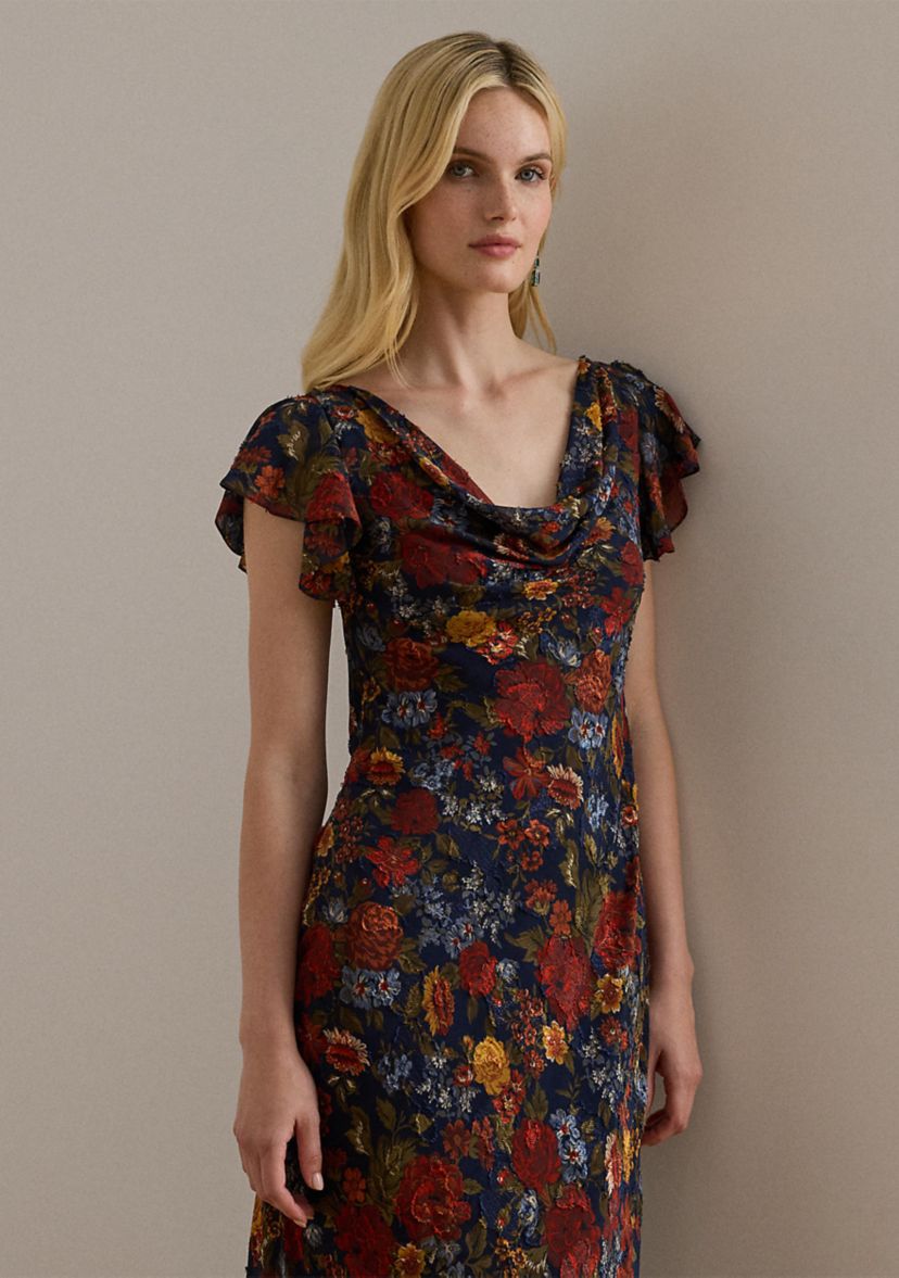 Floral Clipped Jacquard Cowlneck Gown
