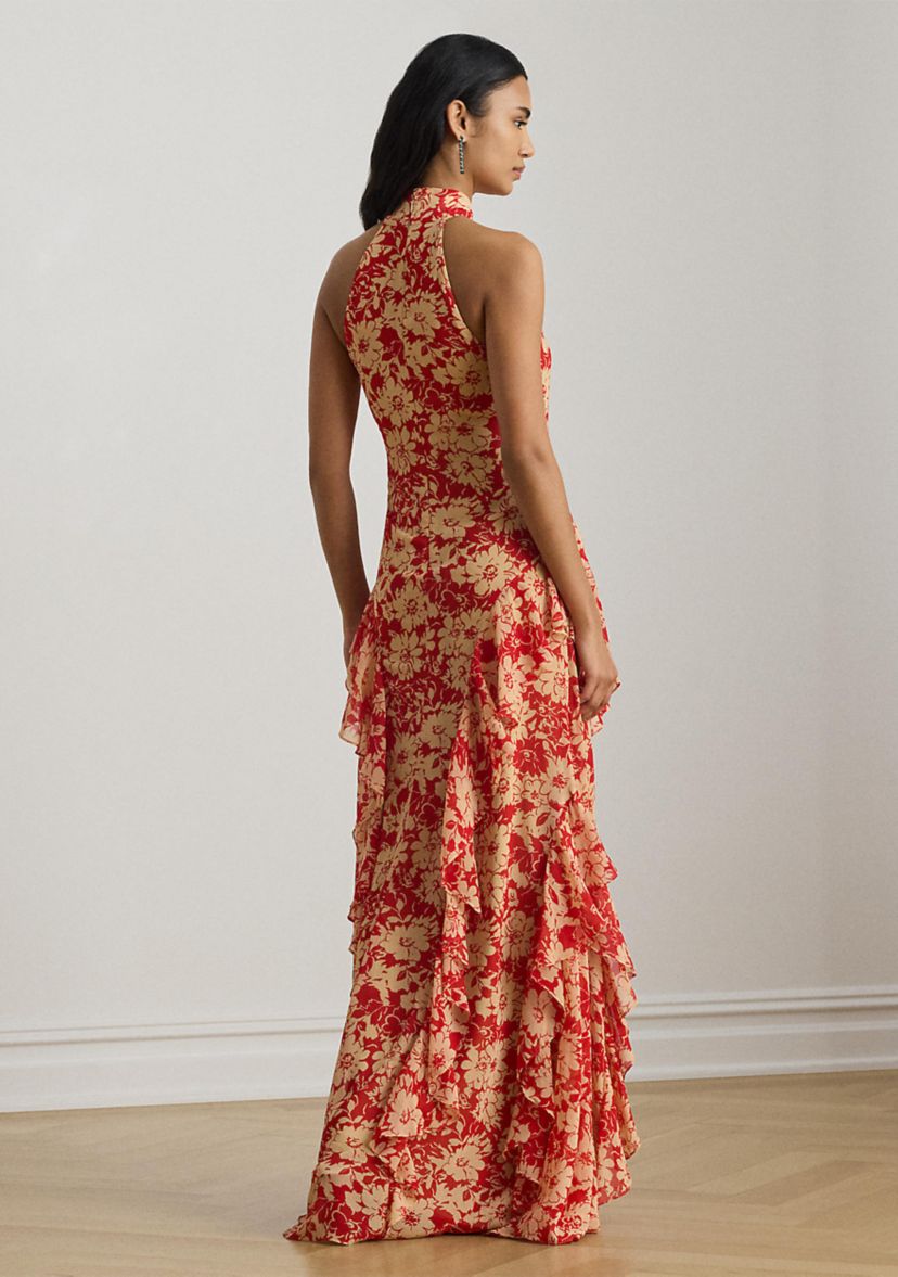 Ralph Lauren Floral Ruffle-Trim Georgette Halter Gown - Red/Tan