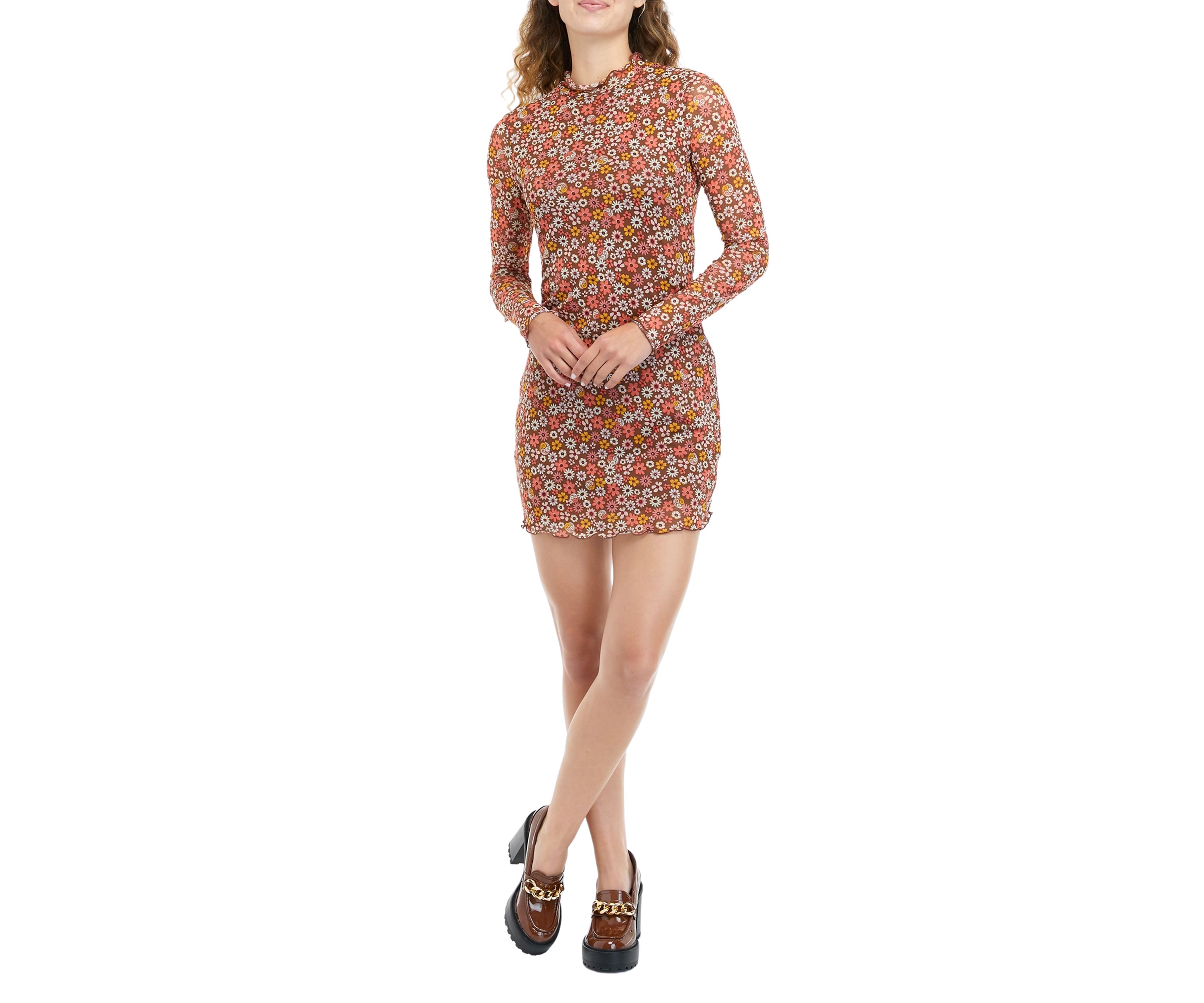 Juniors Long Sleeve Mock Neck Mesh Dress