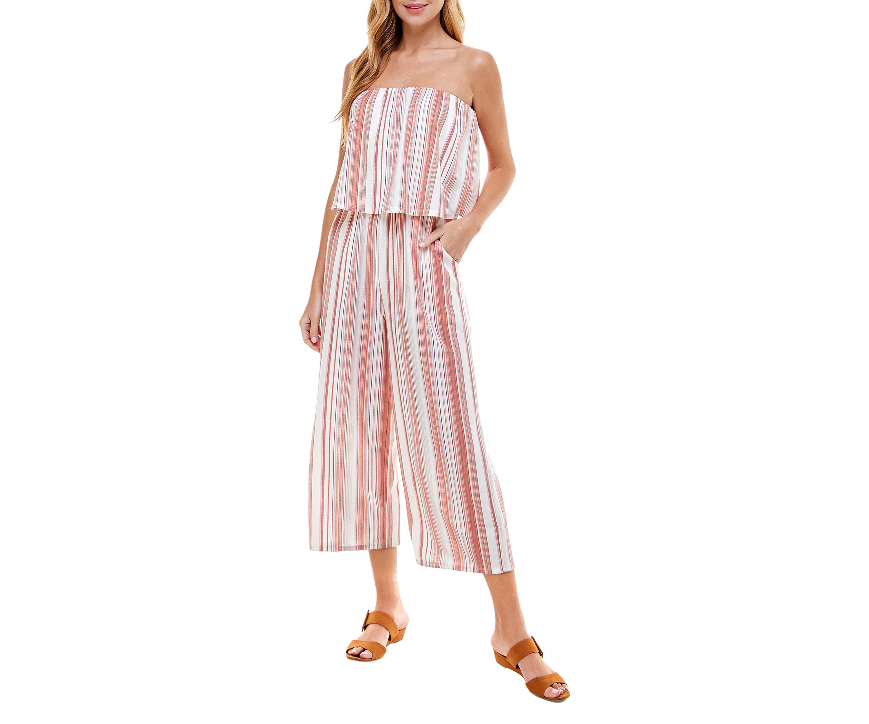 Juniors Strapless Striped Cropped Jumpsuit 
