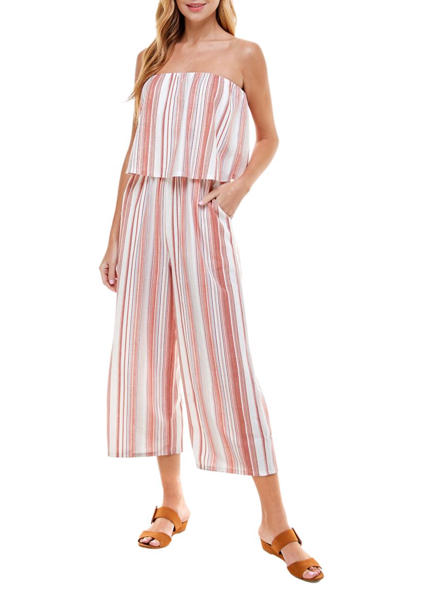 Juniors Strapless Striped Cropped Jumpsuit 