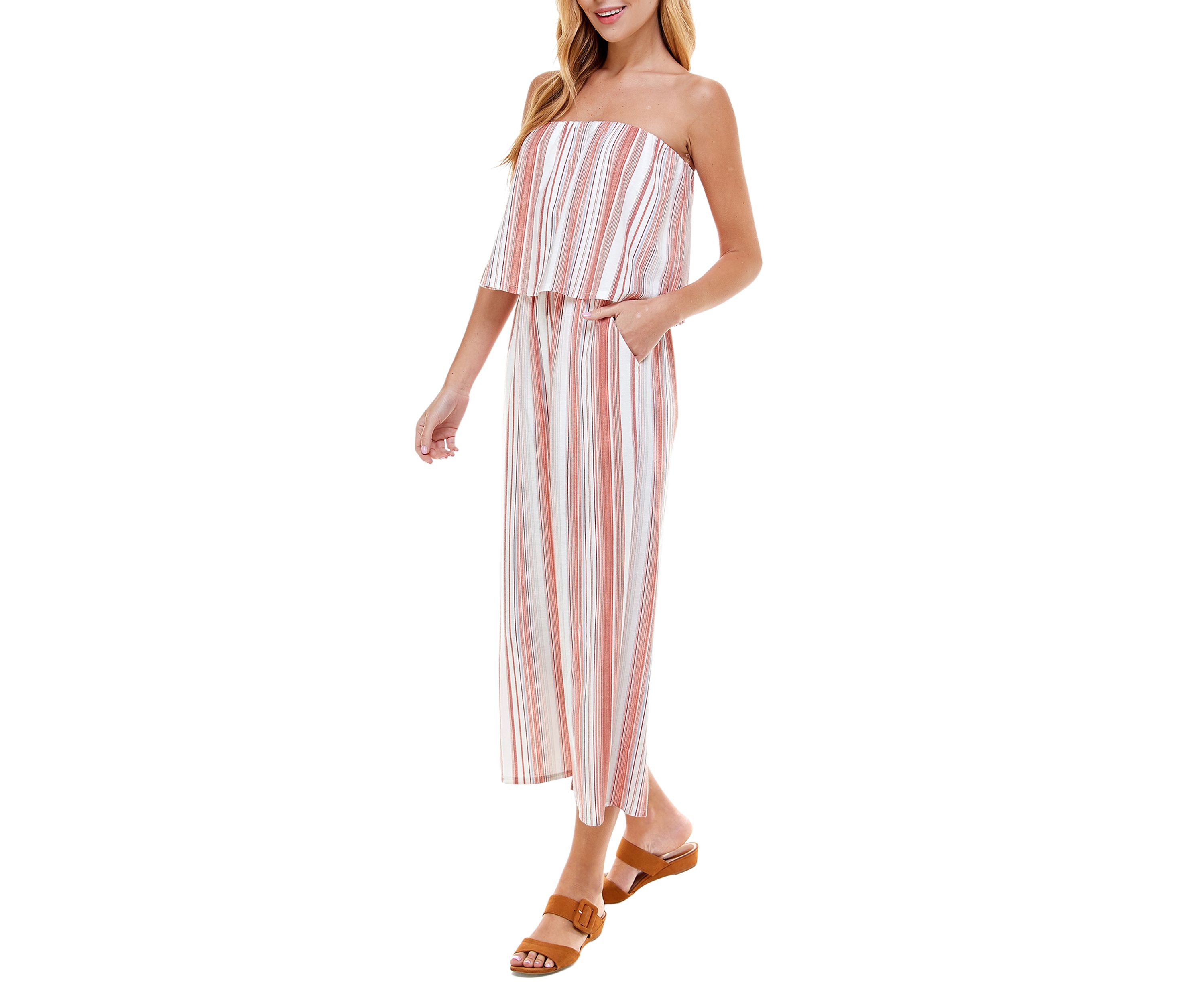 Juniors Strapless Striped Cropped Jumpsuit 