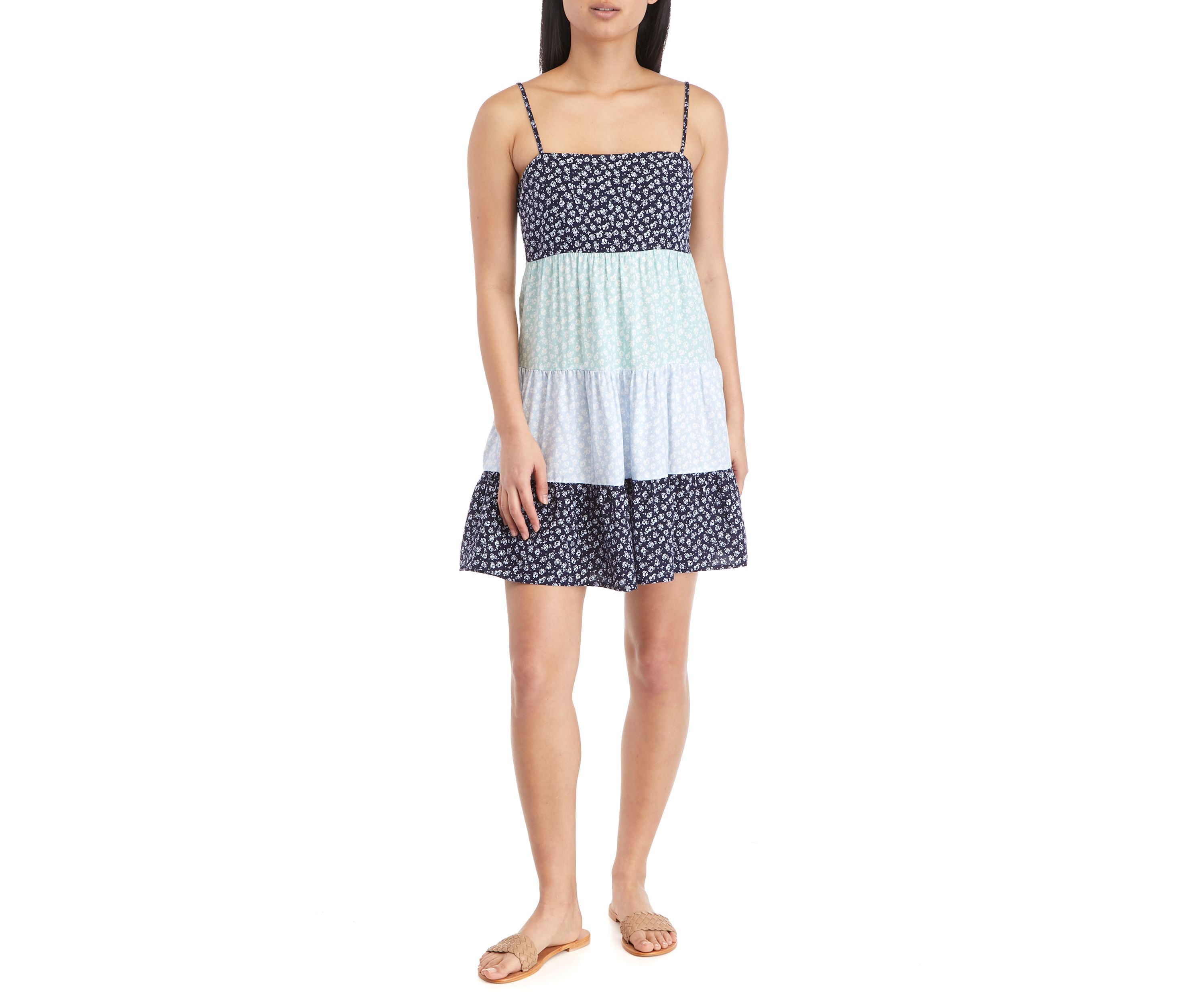 Juniors Spaghetti Strap Color Block Babydoll Dress