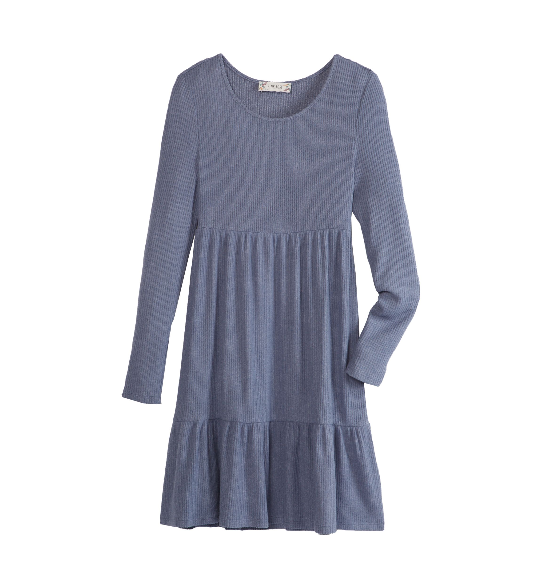 Juniors Long Sleeve Hacci Rib Babydoll Dress 