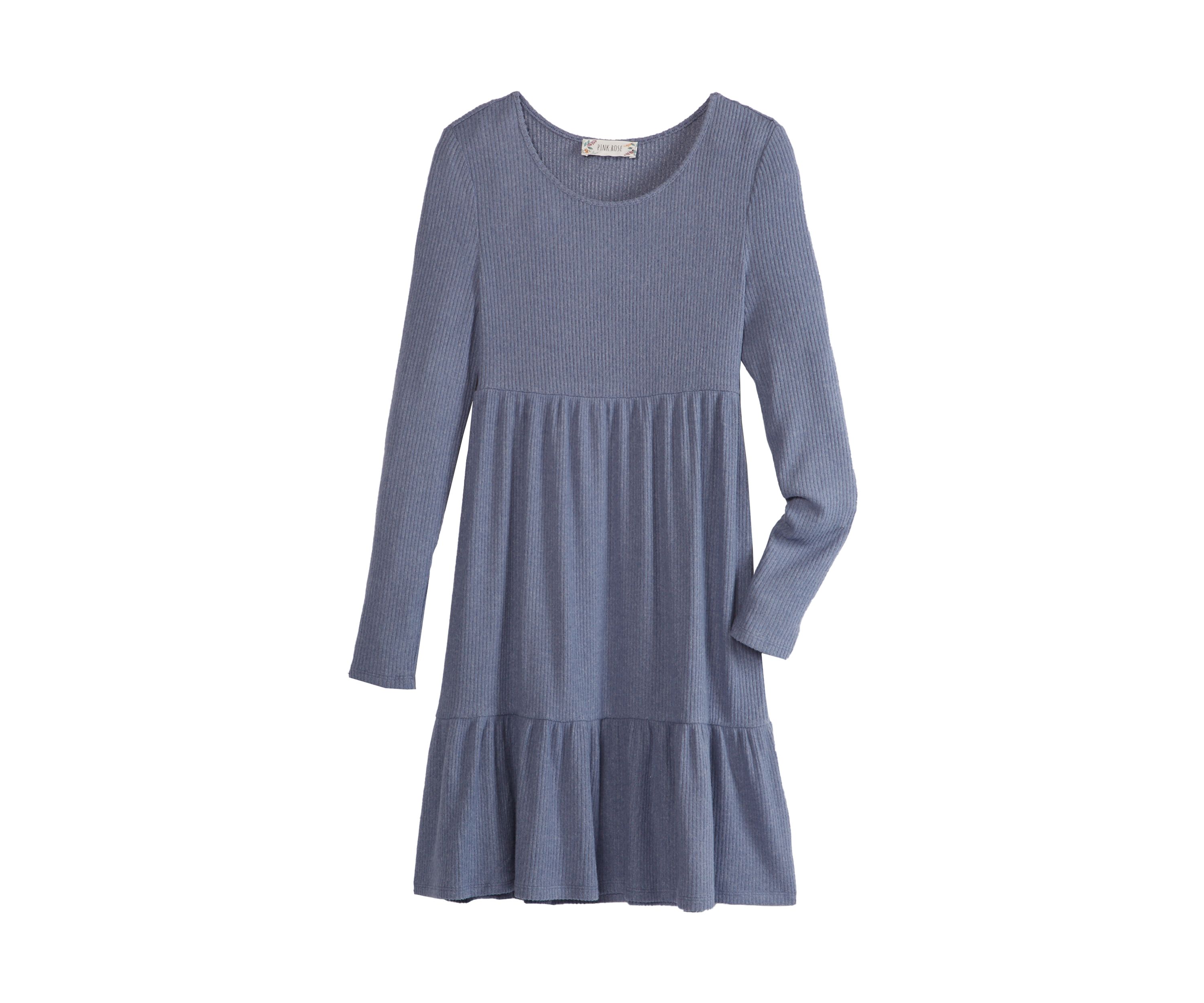 Juniors Long Sleeve Hacci Rib Babydoll Dress 