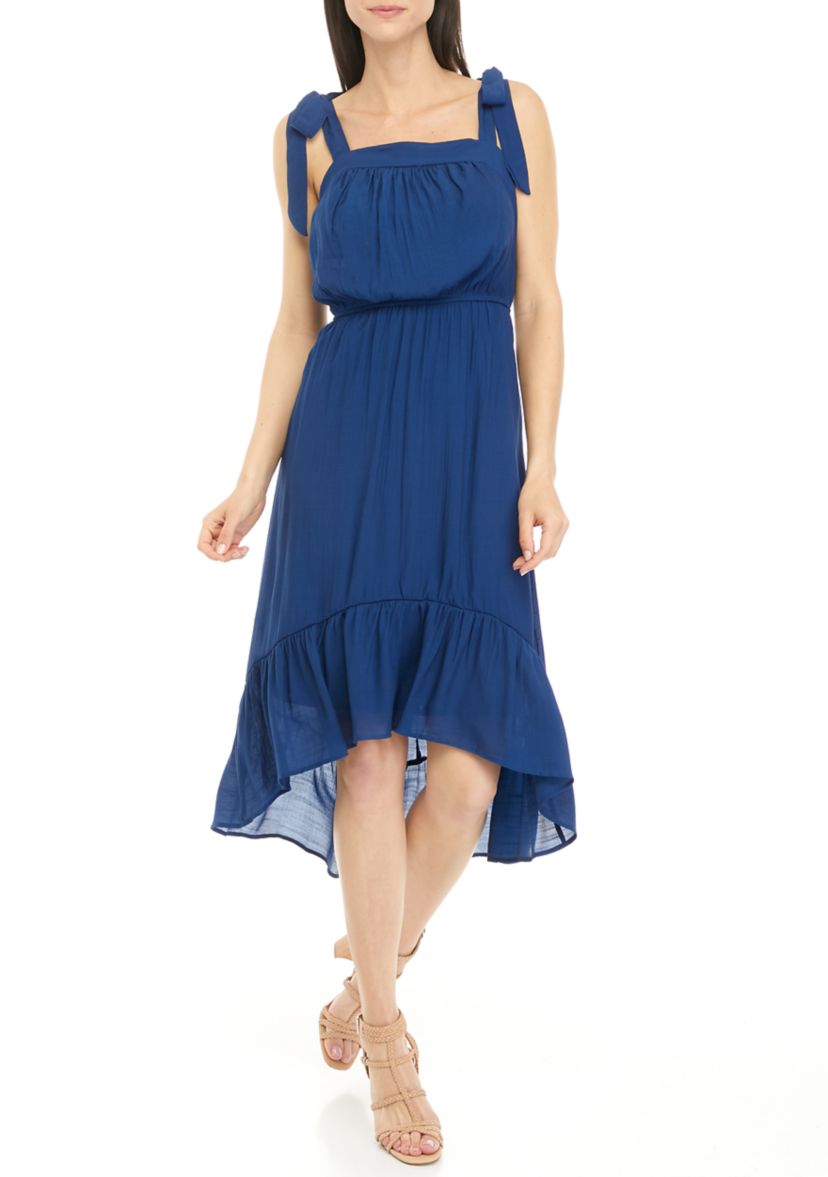 Tie Shoulder, Belted, High Low Midi Dress