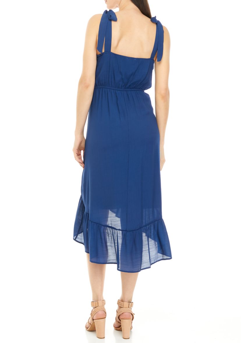 Tie Shoulder, Belted, High Low Midi Dress
