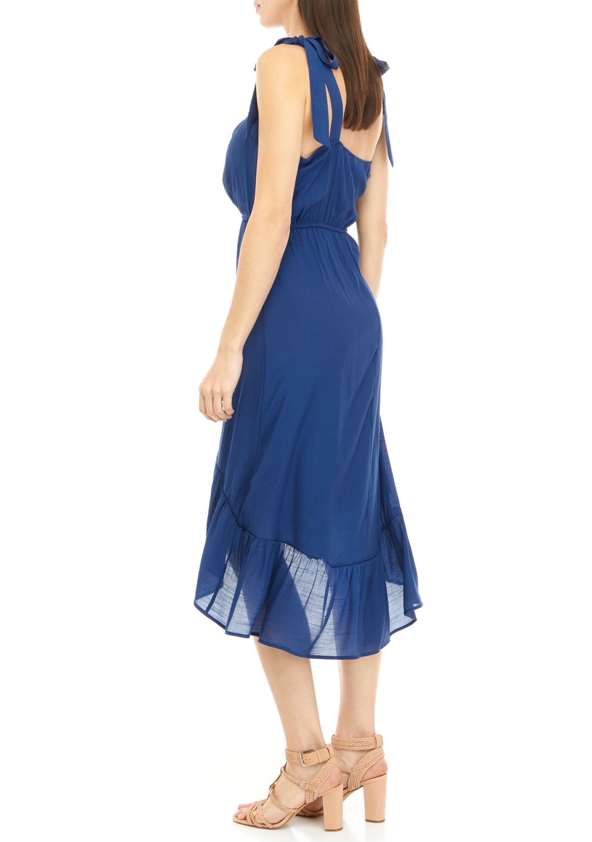 Tie Shoulder, Belted, High Low Midi Dress