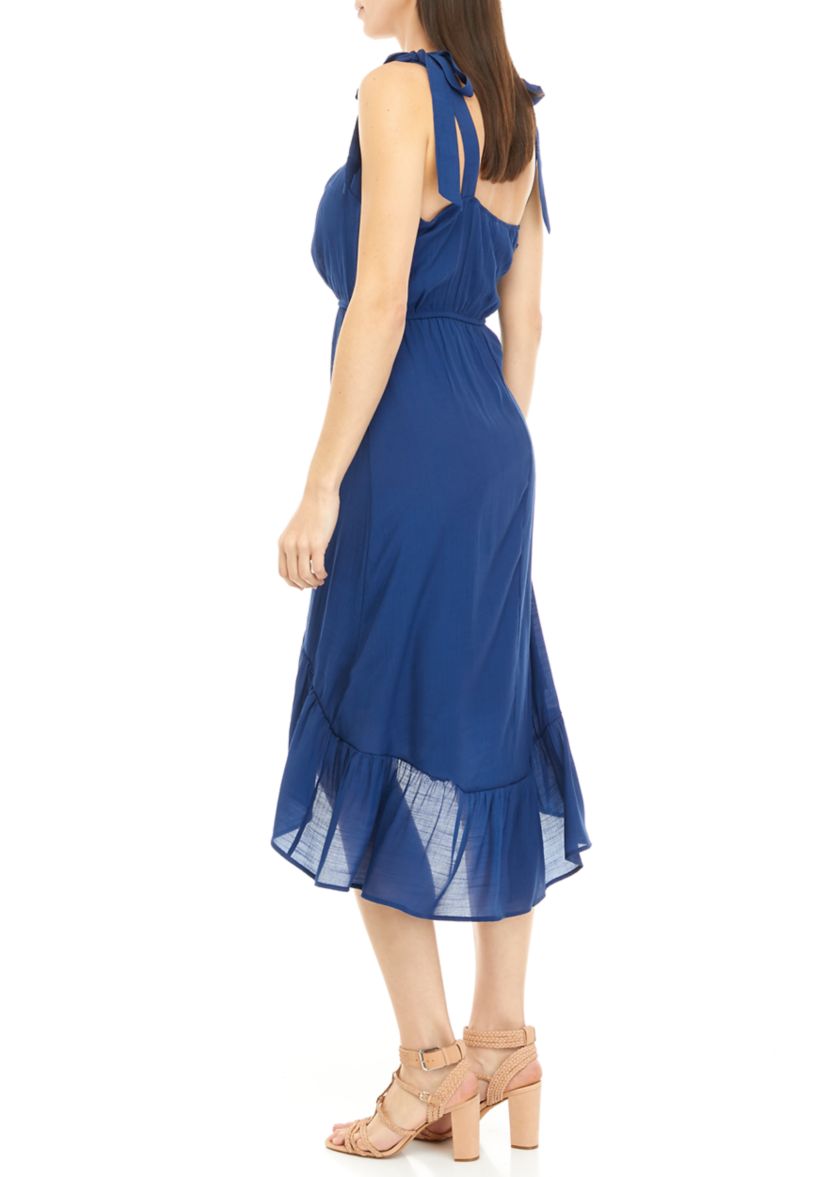 Tie Shoulder, Belted, High Low Midi Dress
