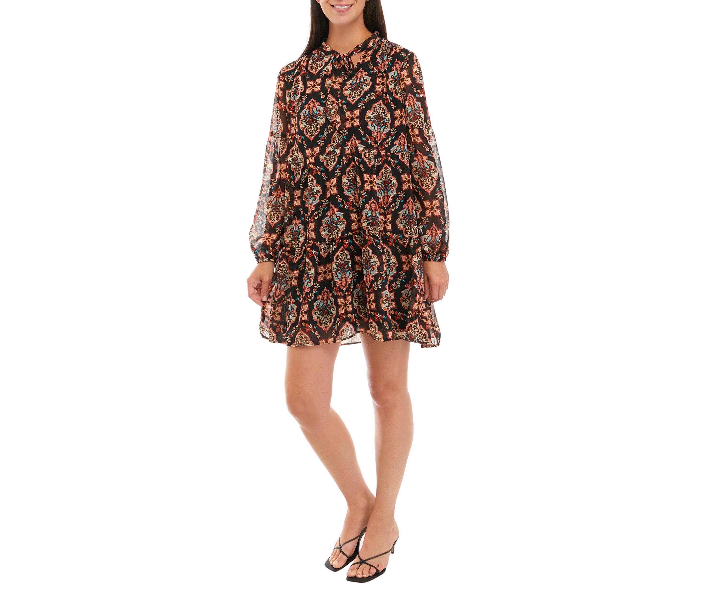 Womens Tie Neck Printed Chiffon A-Line Dress