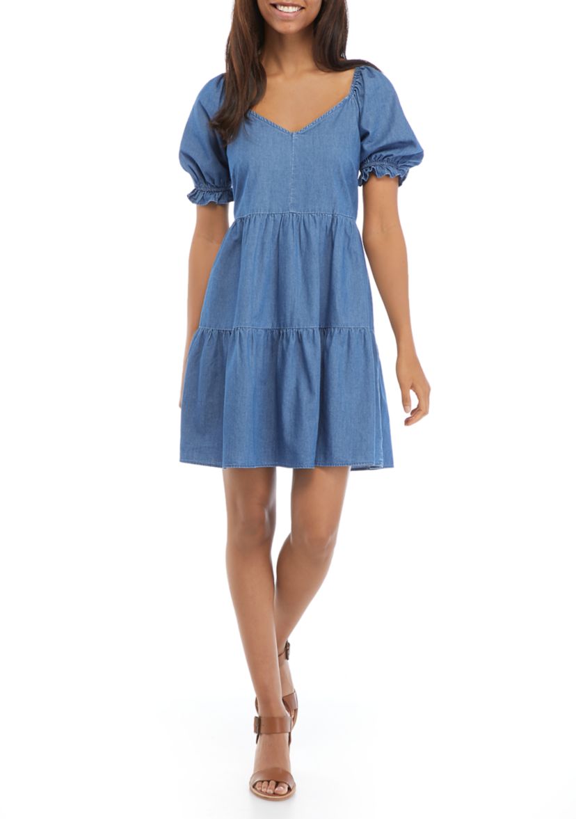 Womens Puff Sleeve Denim Babydoll Dress