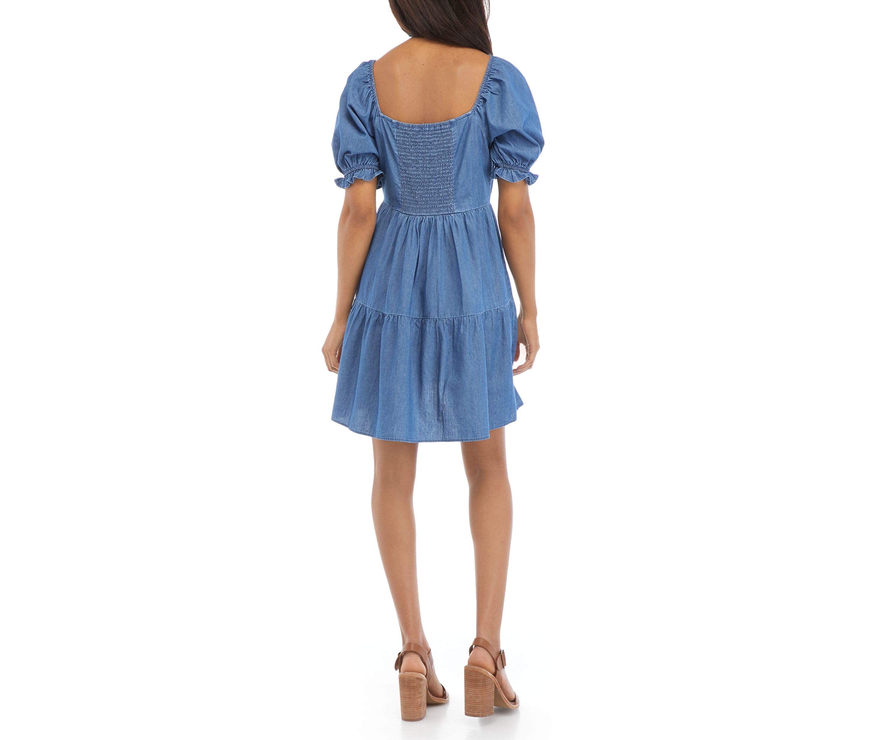 Womens Puff Sleeve Denim Babydoll Dress