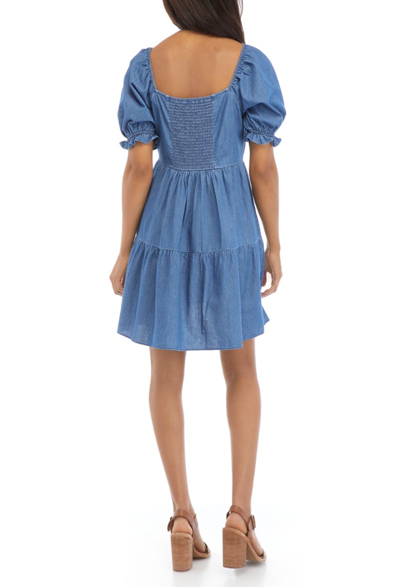 Womens Puff Sleeve Denim Babydoll Dress