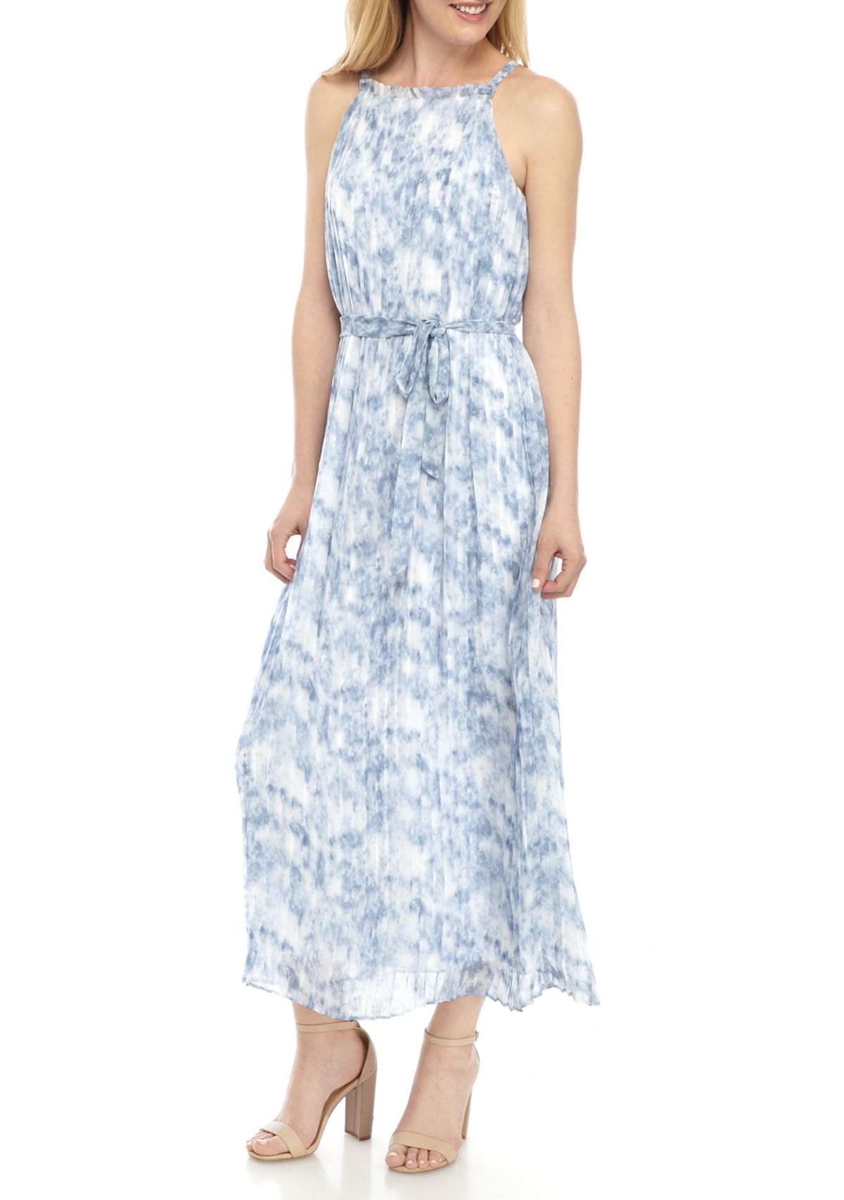 Womens Pleated Halter Tie Waist Dress