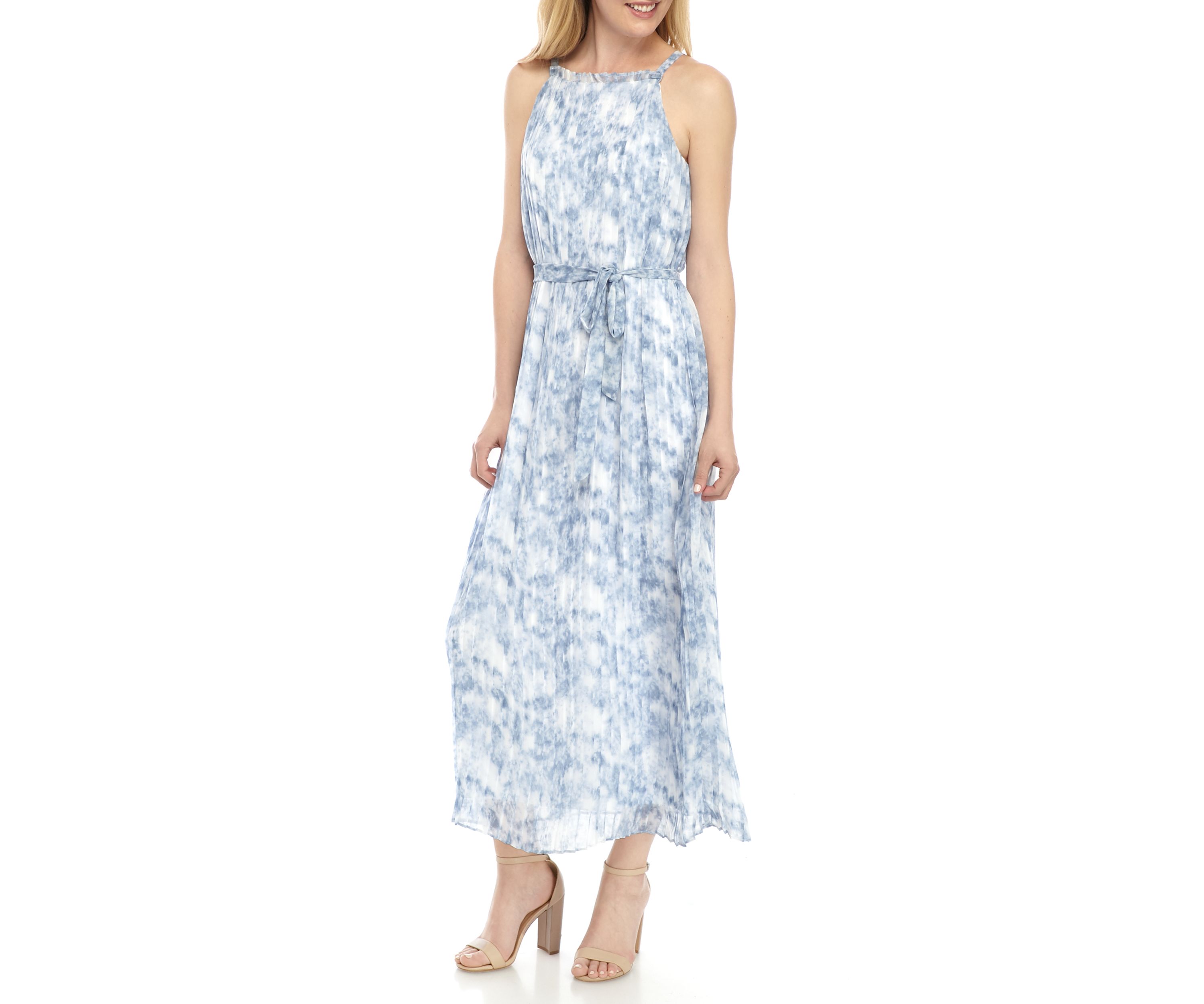 Womens Pleated Halter Tie Waist Dress