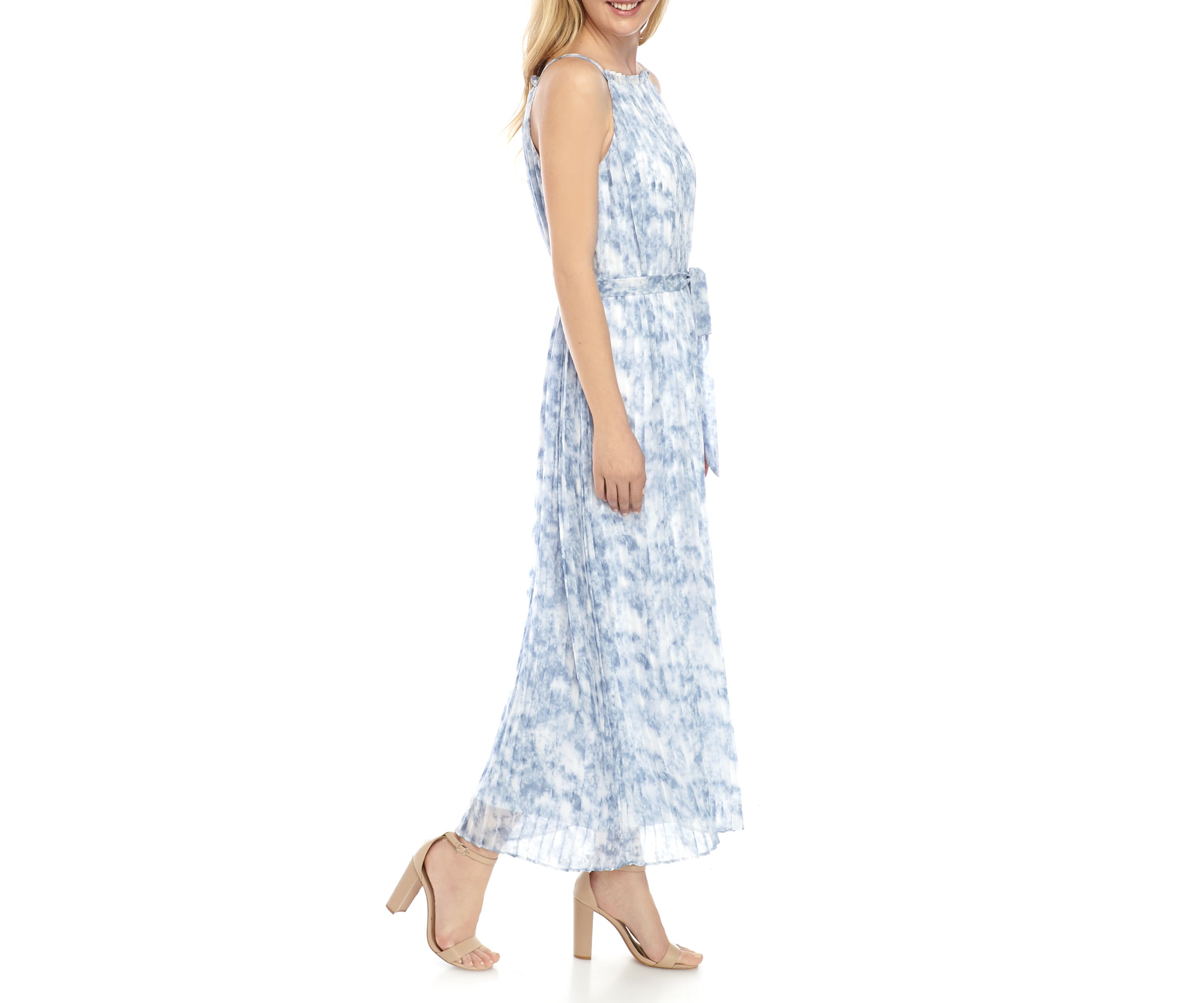 Womens Pleated Halter Tie Waist Dress