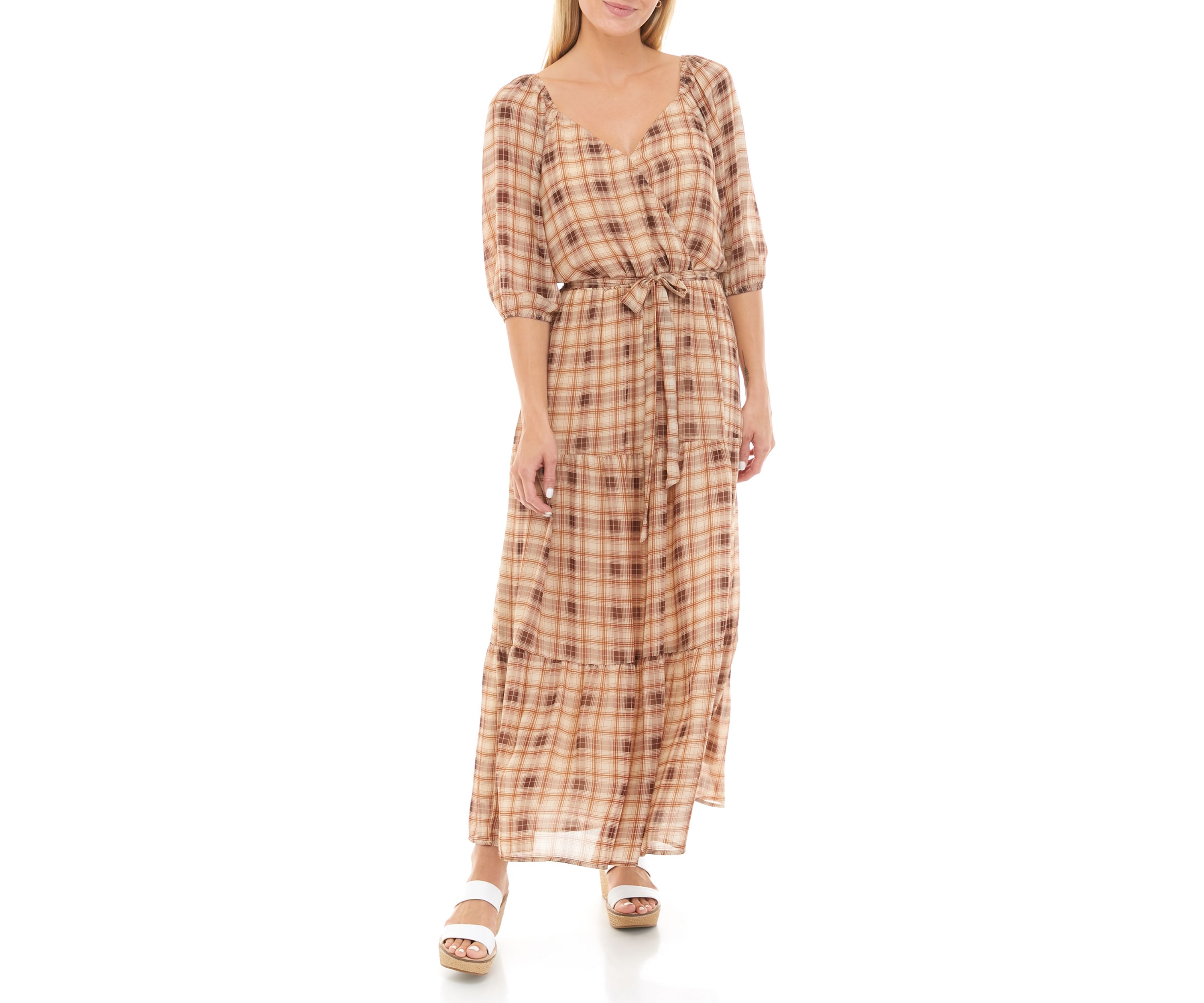 Womens Puff Sleeve Plaid Maxi Dress