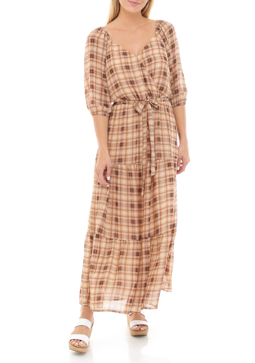 Womens Puff Sleeve Plaid Maxi Dress