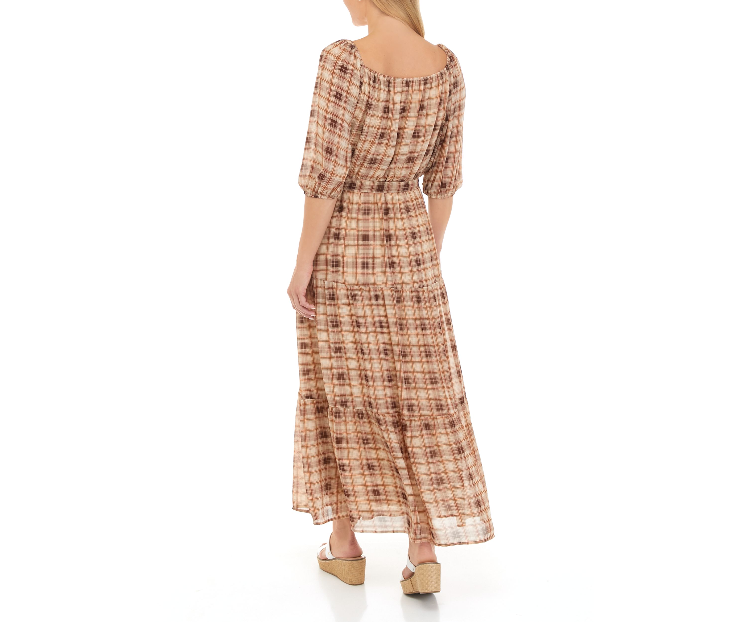 Womens Puff Sleeve Plaid Maxi Dress