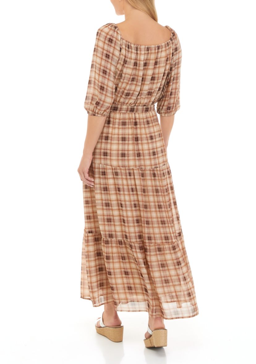Womens Puff Sleeve Plaid Maxi Dress