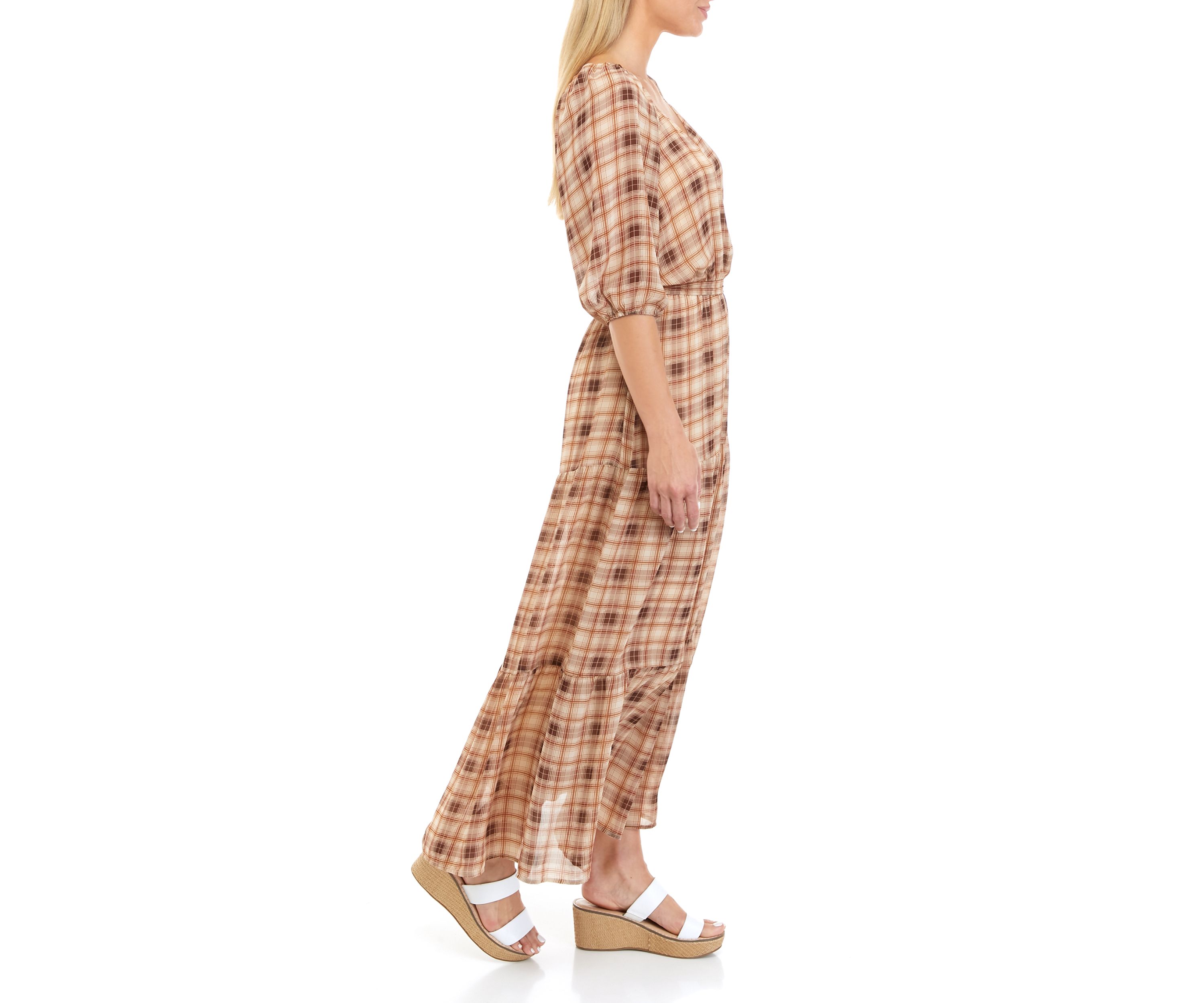 Womens Puff Sleeve Plaid Maxi Dress