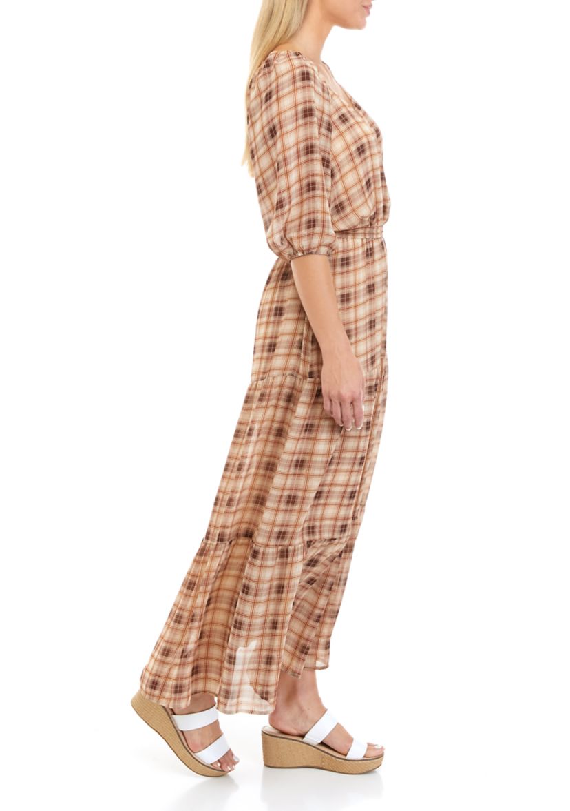 Womens Puff Sleeve Plaid Maxi Dress