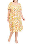 Plus Size Short Puff Sleeve Floral Flounce Dress