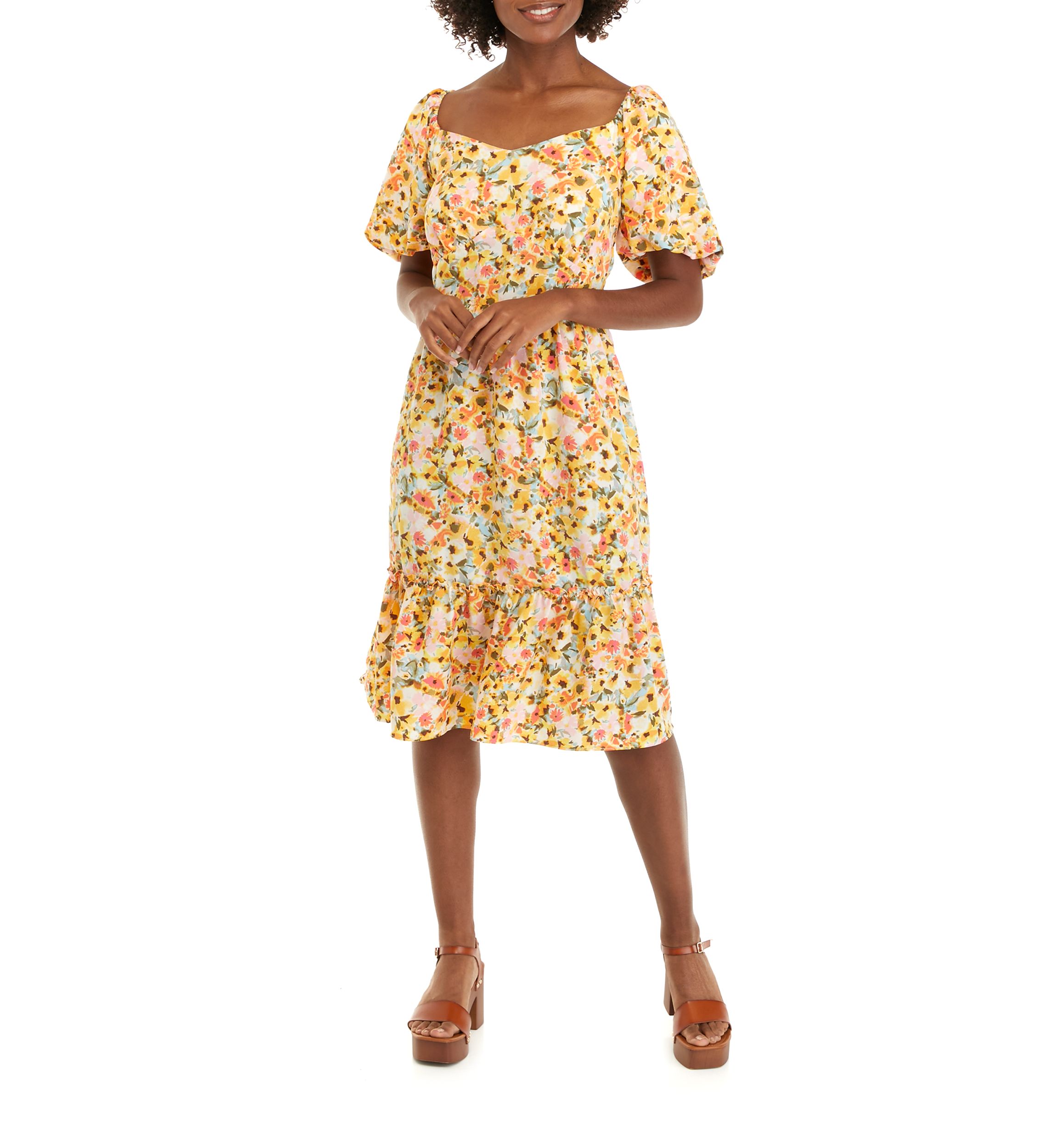 Womens Puff Sleeve Floral Flounce Dress