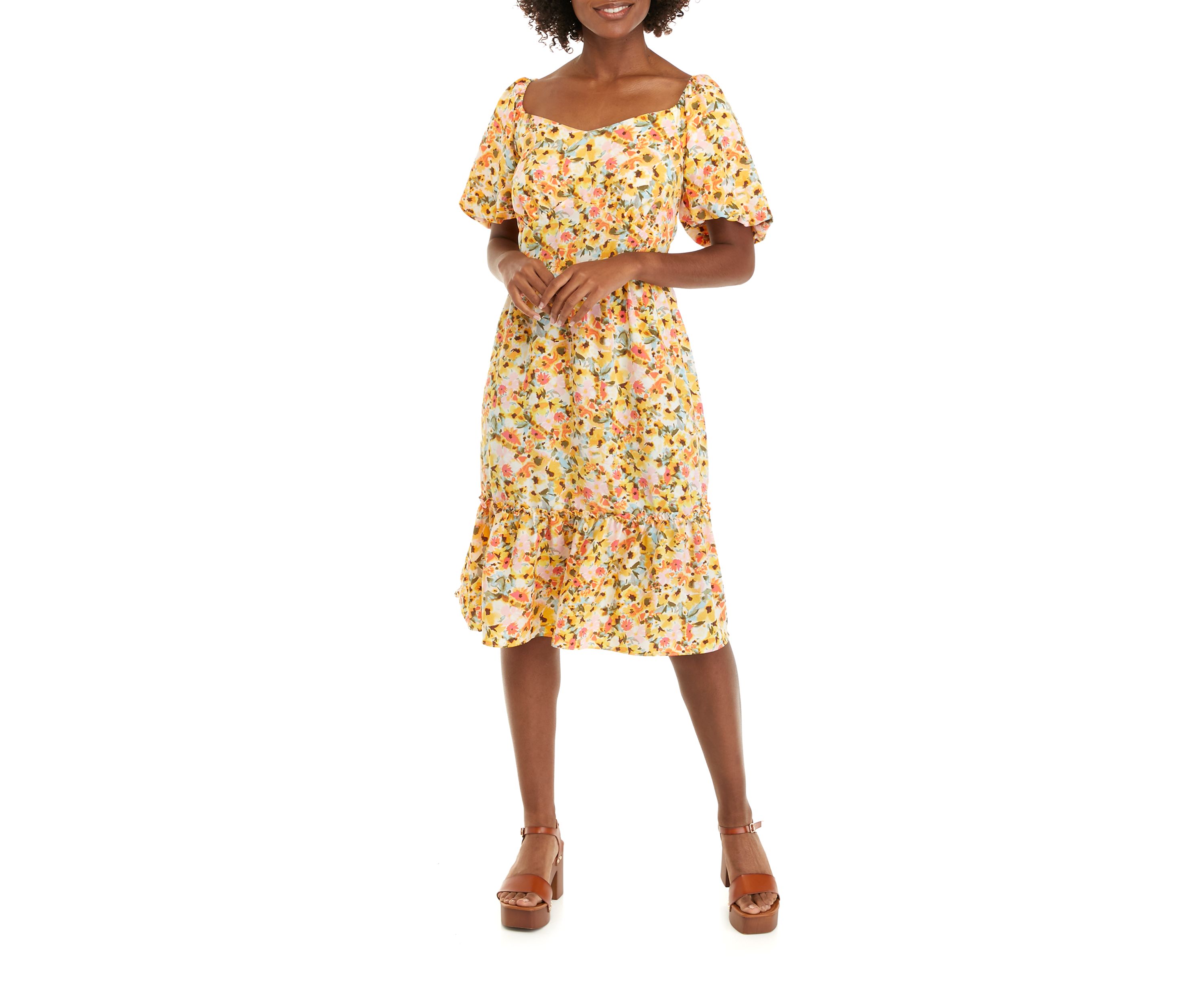 Womens Puff Sleeve Floral Flounce Dress