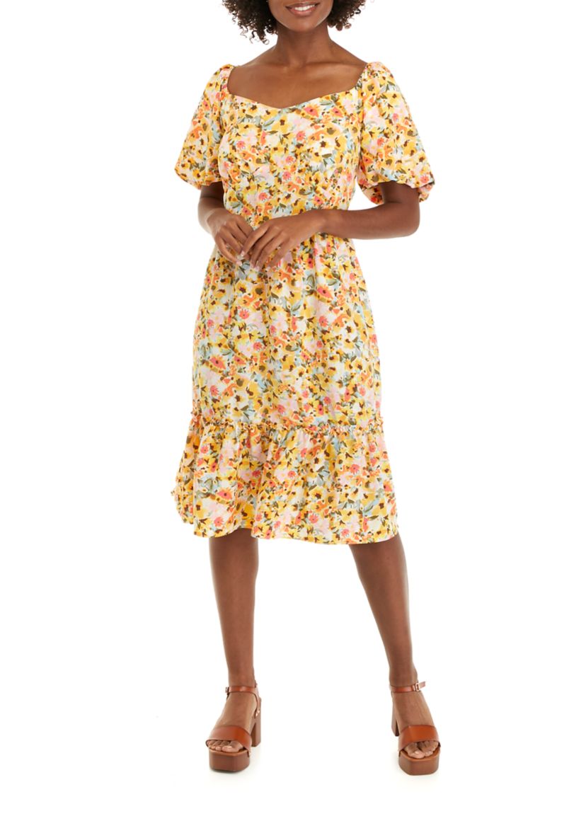 Womens Puff Sleeve Floral Flounce Dress