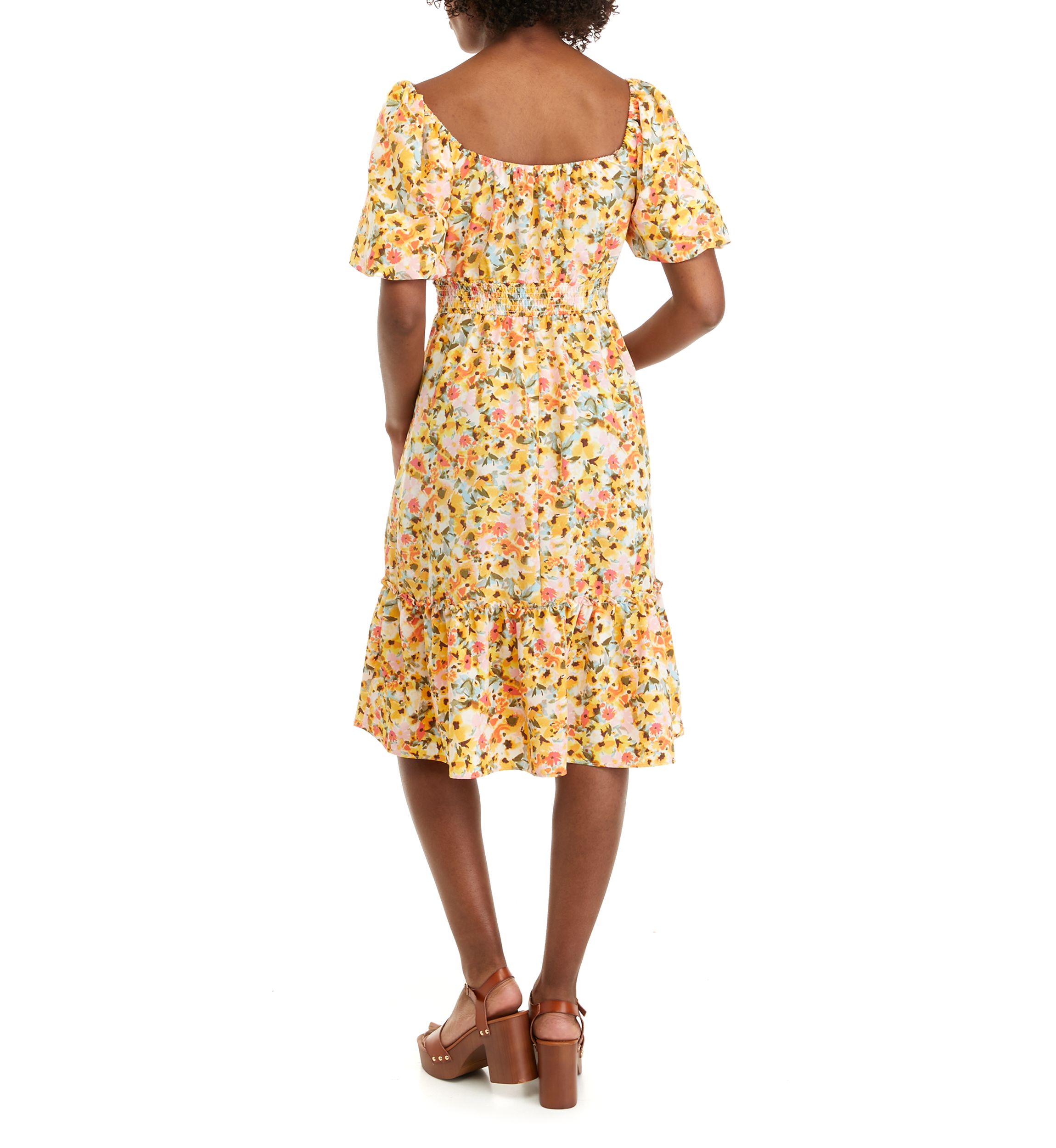 Womens Puff Sleeve Floral Flounce Dress