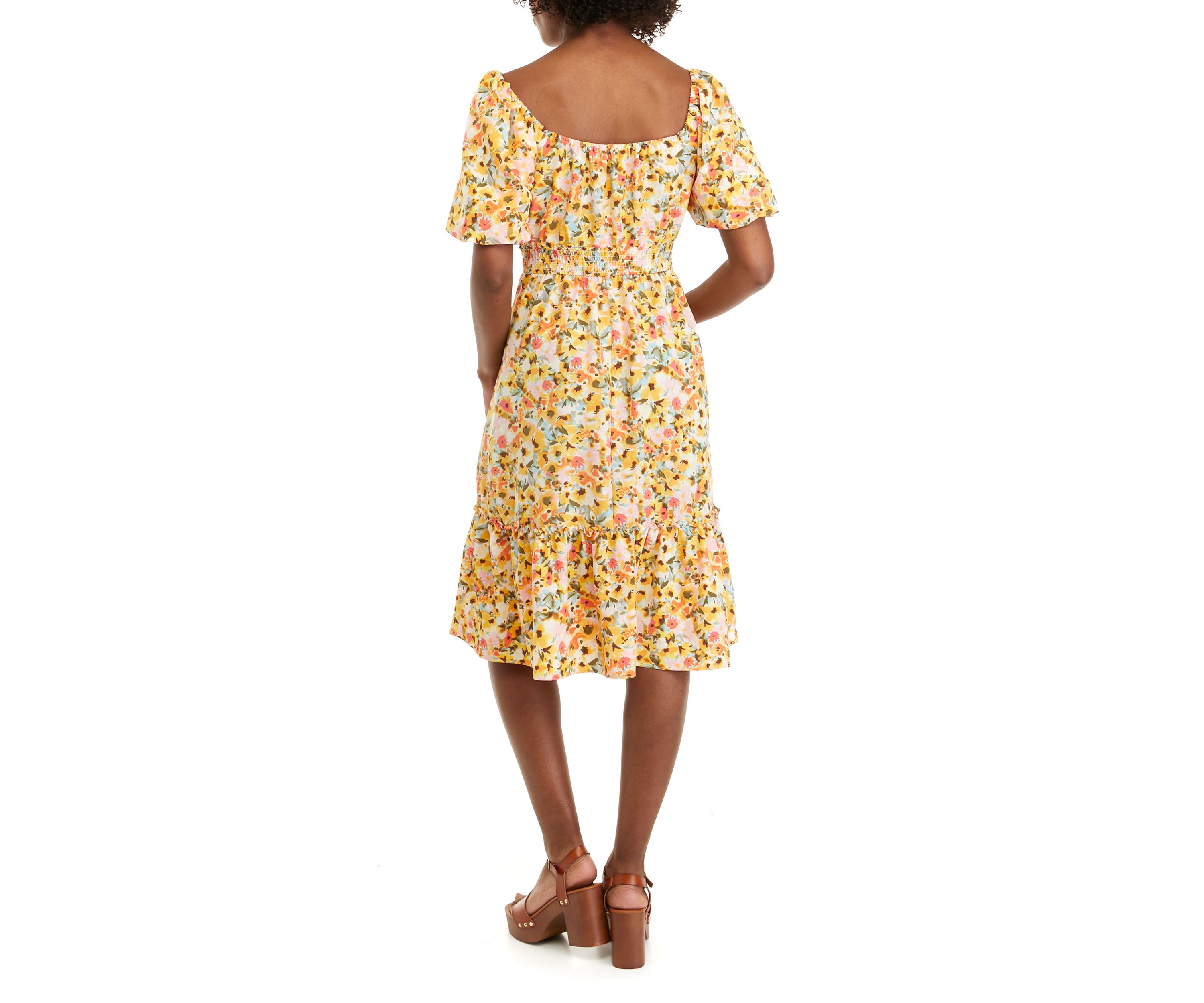 Womens Puff Sleeve Floral Flounce Dress