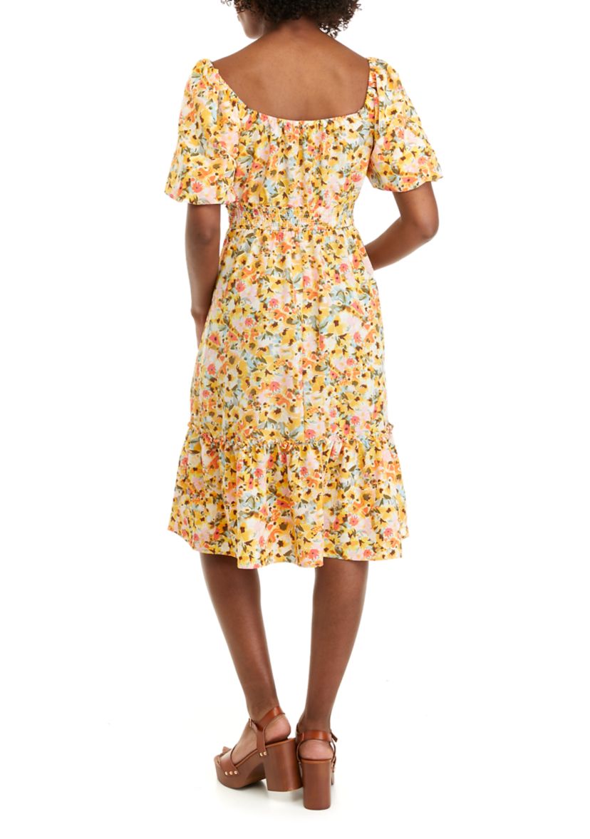 Womens Puff Sleeve Floral Flounce Dress