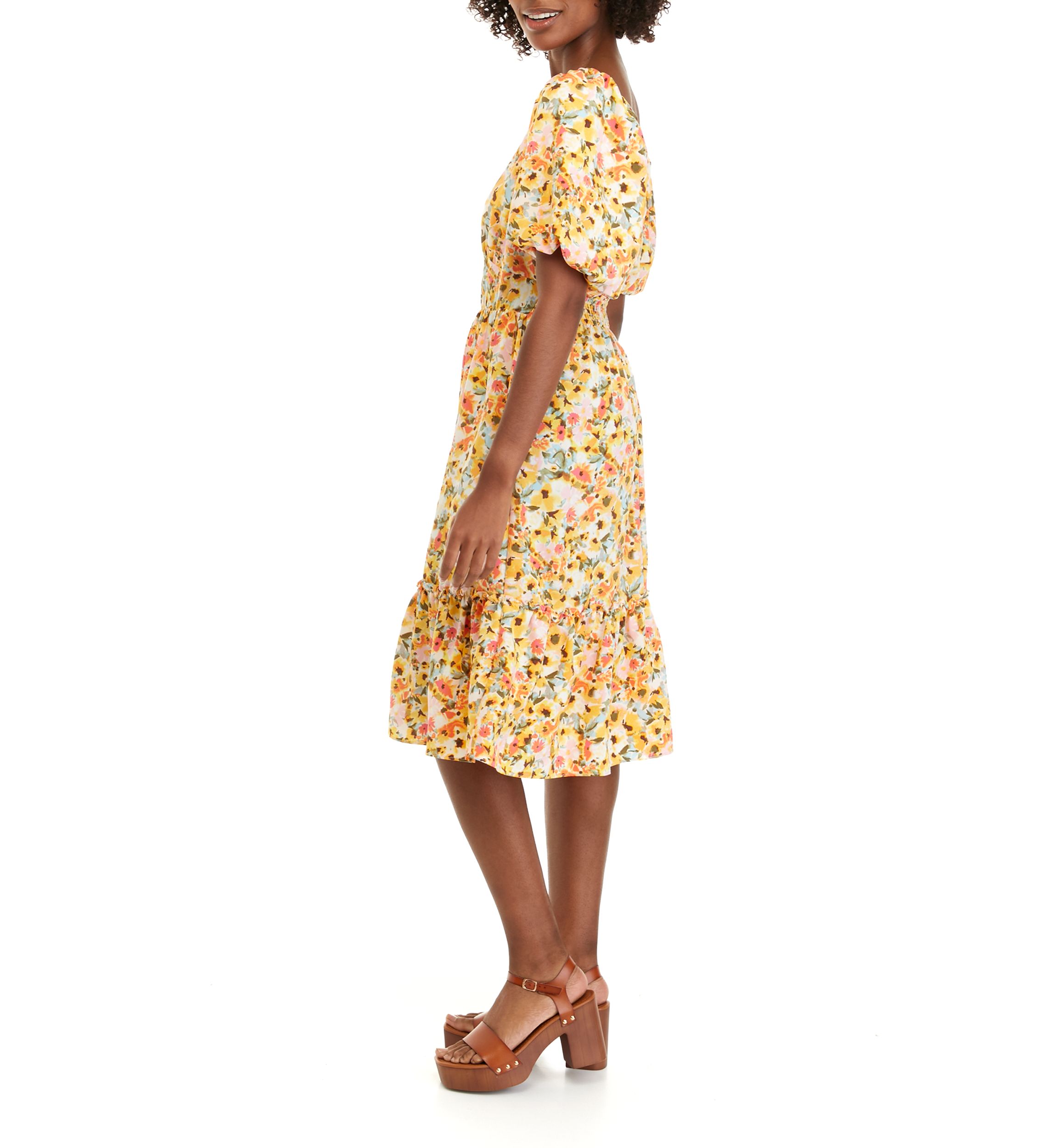 Womens Puff Sleeve Floral Flounce Dress