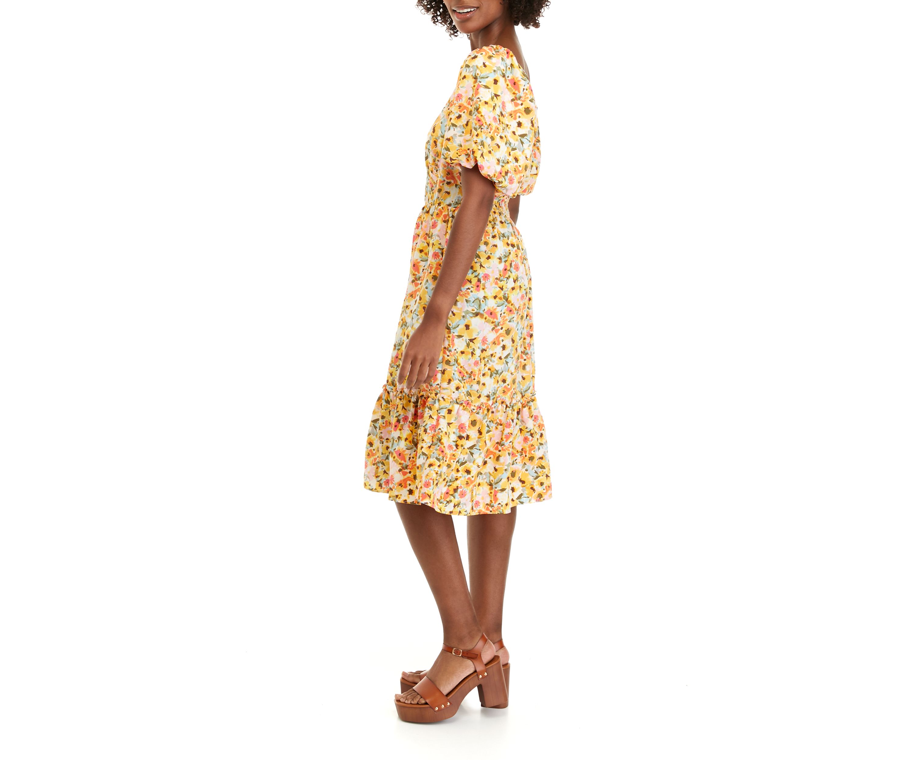 Womens Puff Sleeve Floral Flounce Dress