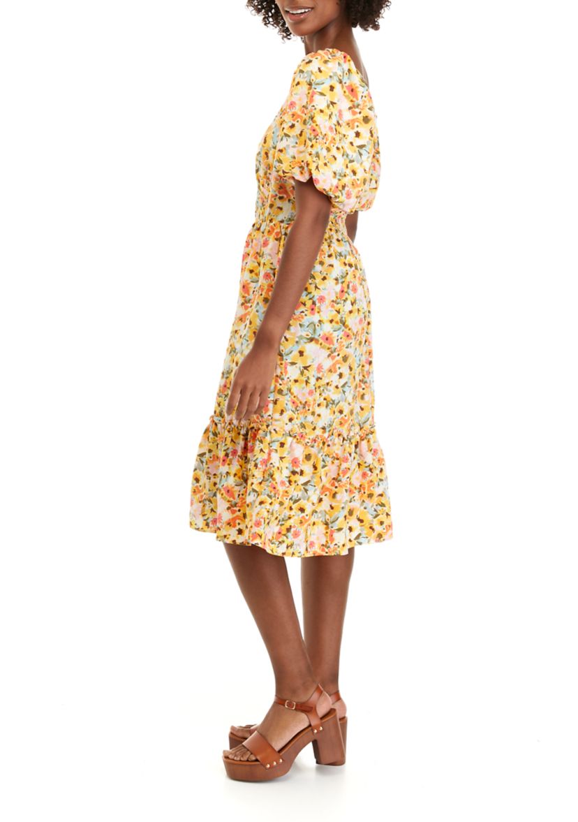 Womens Puff Sleeve Floral Flounce Dress