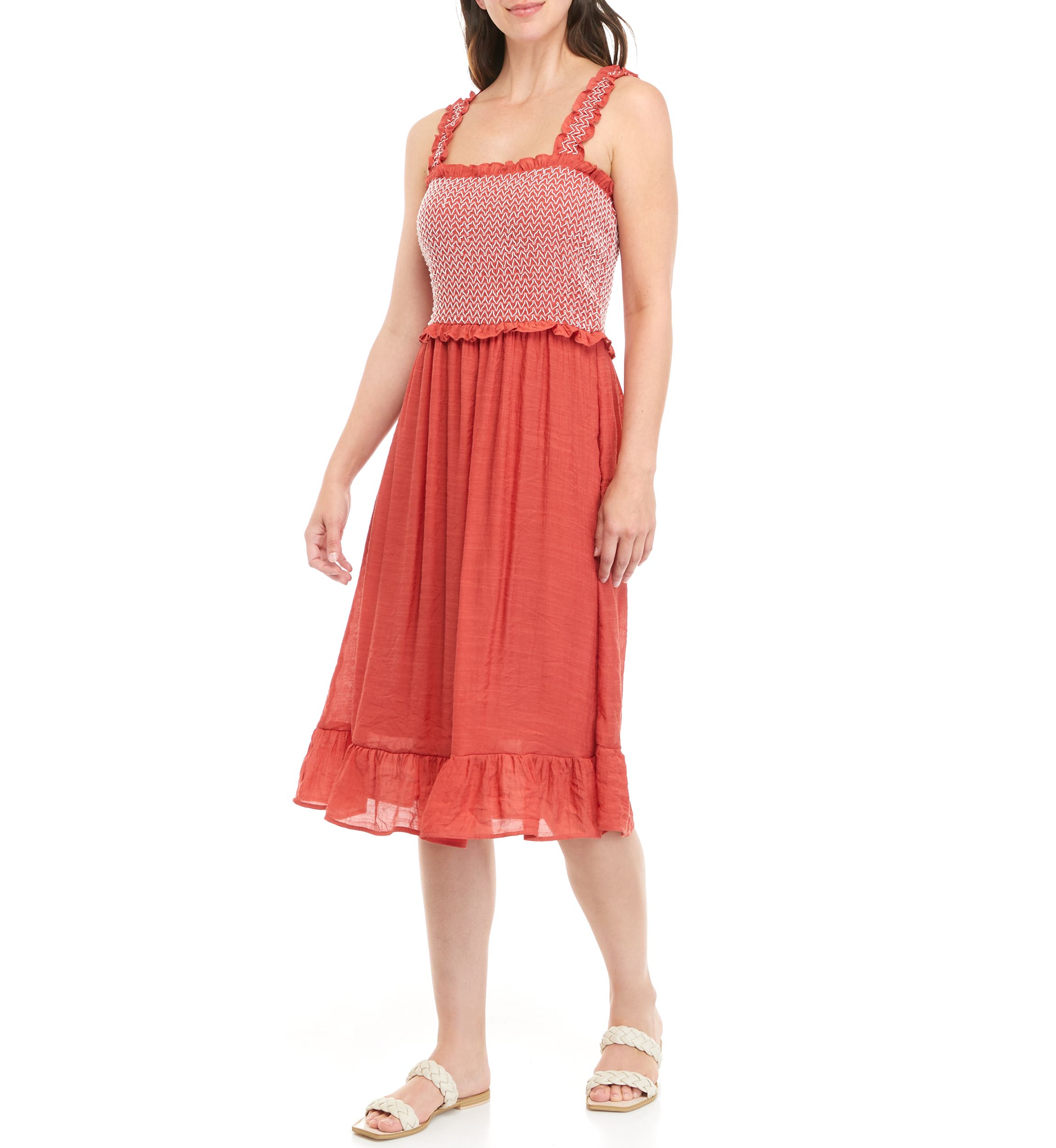 Womens Sleeveless Smocked Bodice Gauze Midi Dress