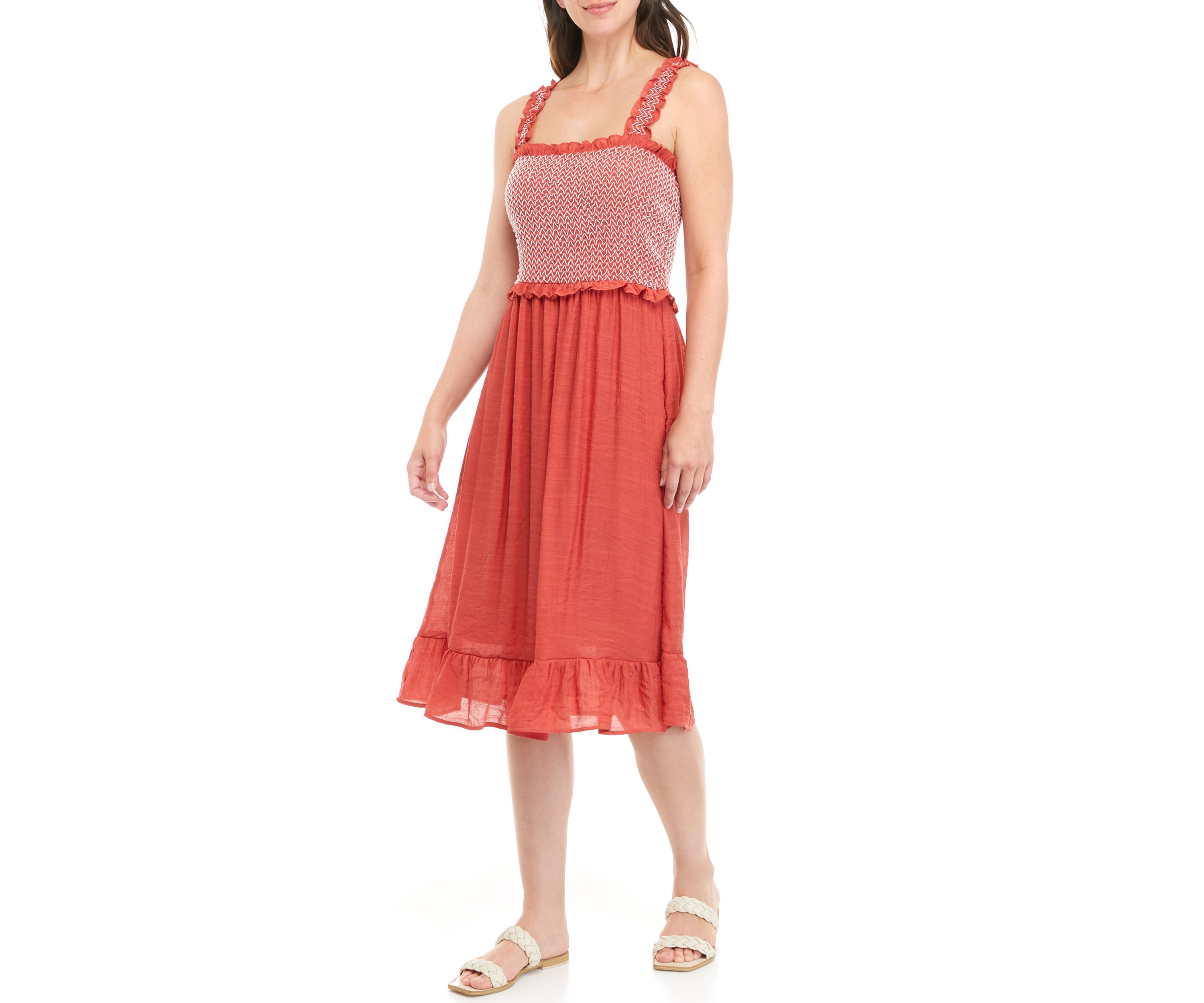 Womens Sleeveless Smocked Bodice Gauze Midi Dress