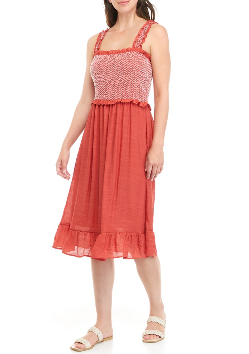 Womens Sleeveless Smocked Bodice Gauze Midi Dress