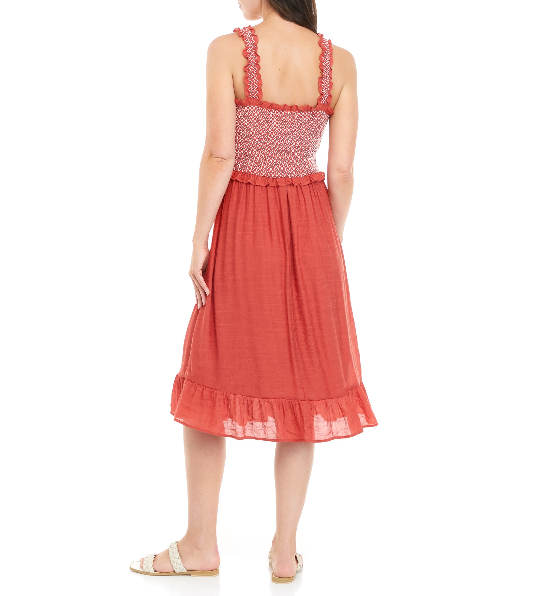 Womens Sleeveless Smocked Bodice Gauze Midi Dress