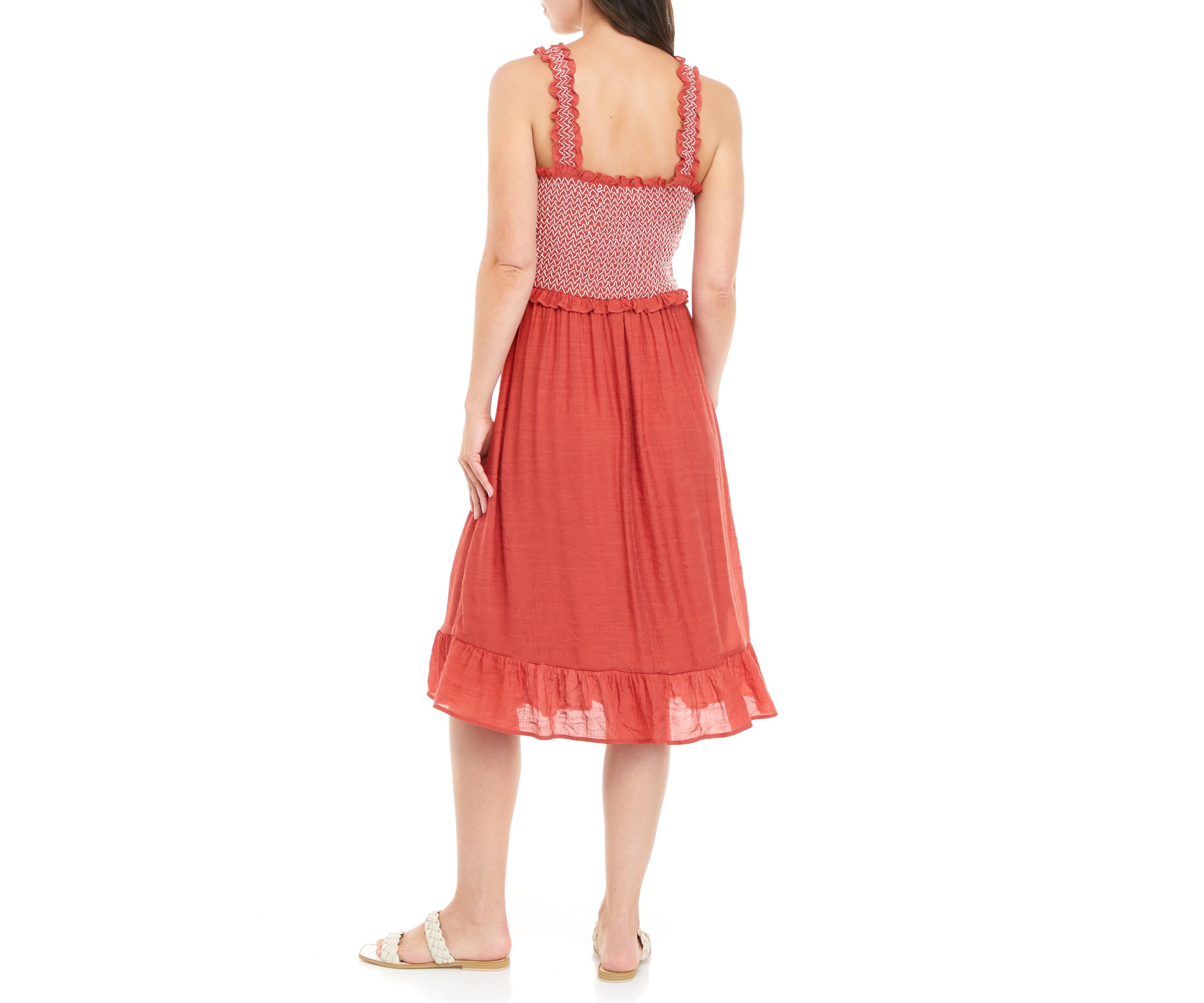 Womens Sleeveless Smocked Bodice Gauze Midi Dress