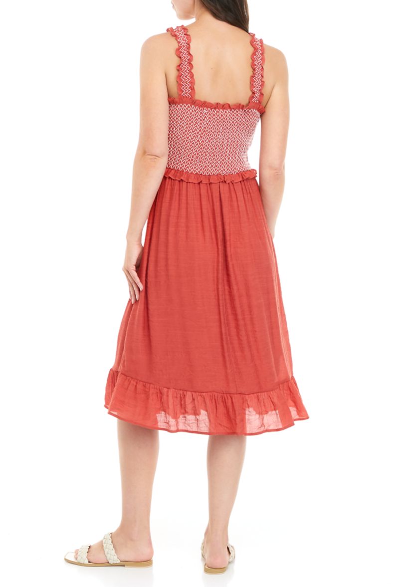 Womens Sleeveless Smocked Bodice Gauze Midi Dress