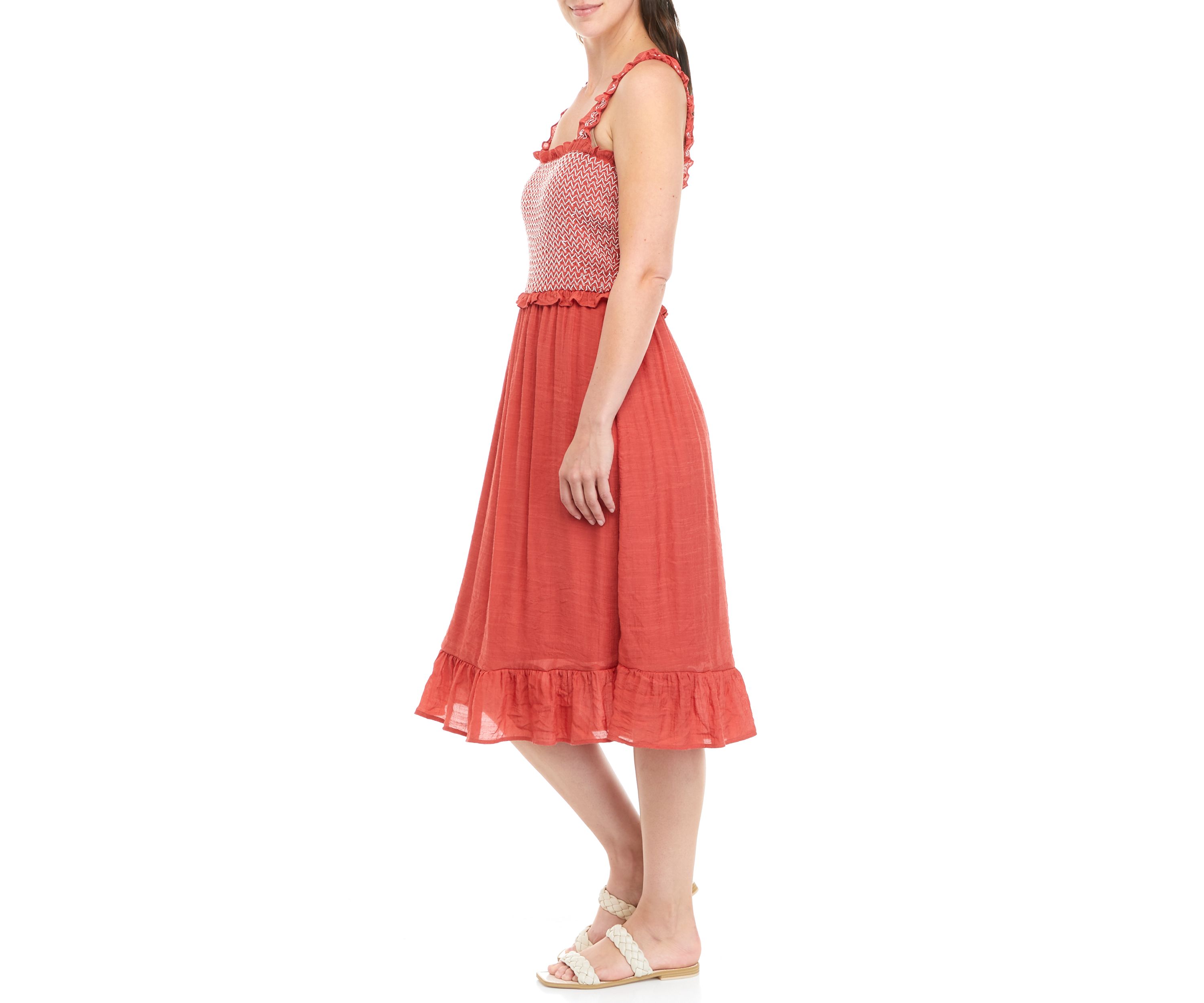 Womens Sleeveless Smocked Bodice Gauze Midi Dress