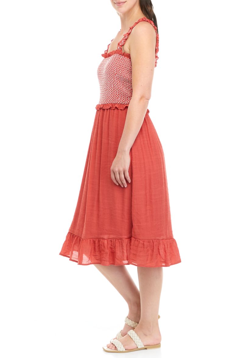 Womens Sleeveless Smocked Bodice Gauze Midi Dress