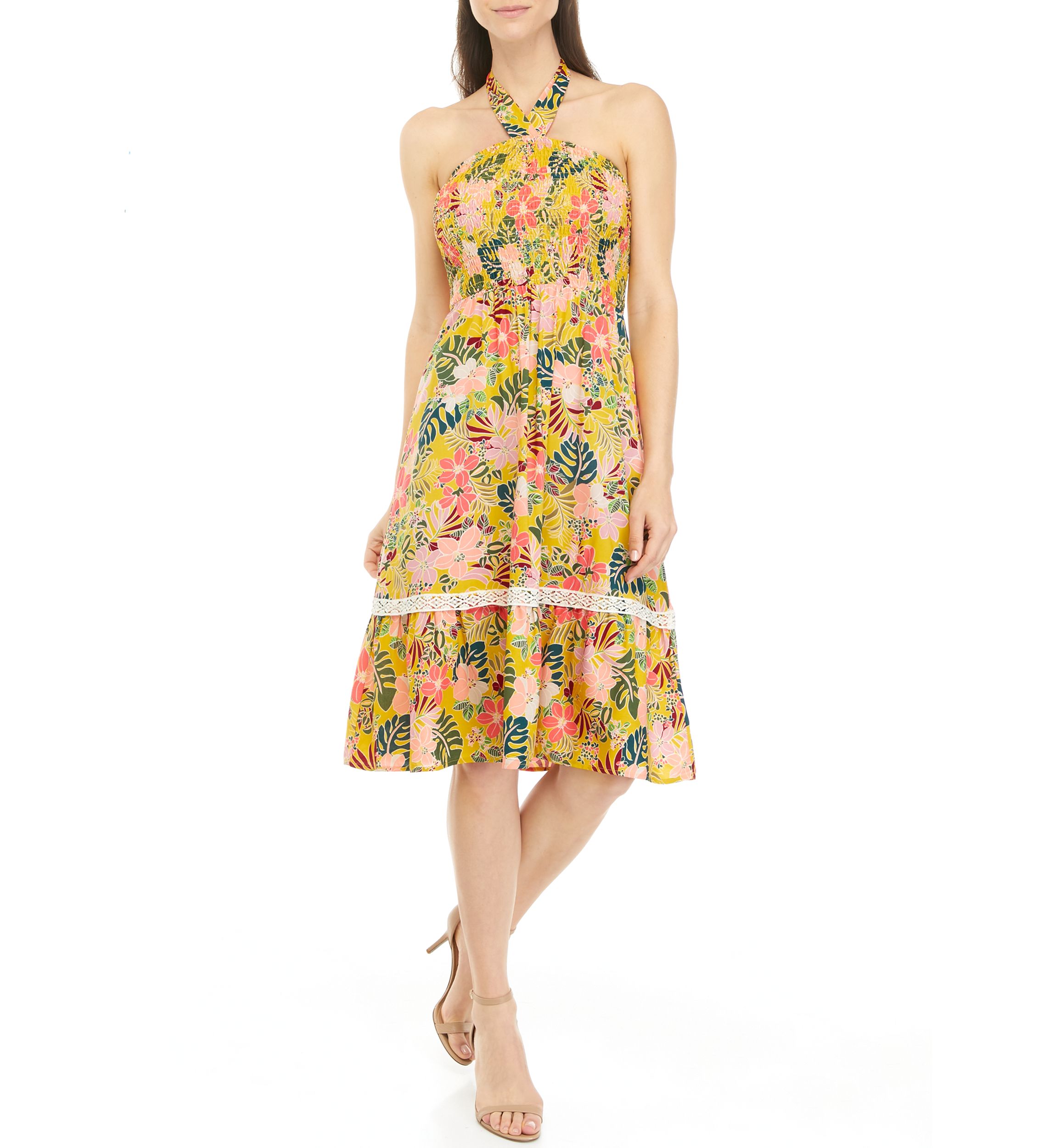 Womens Sleeveless Halter Neck Floral Midi Dress