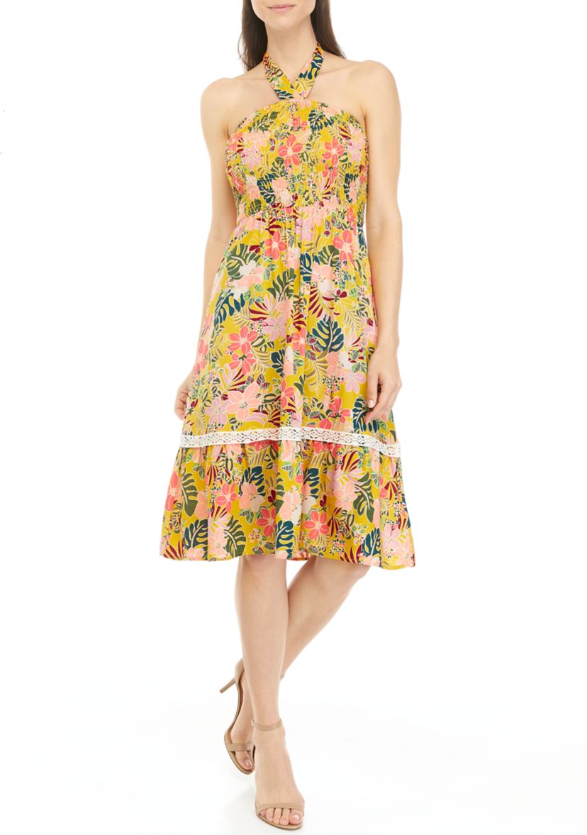 Womens Sleeveless Halter Neck Floral Midi Dress