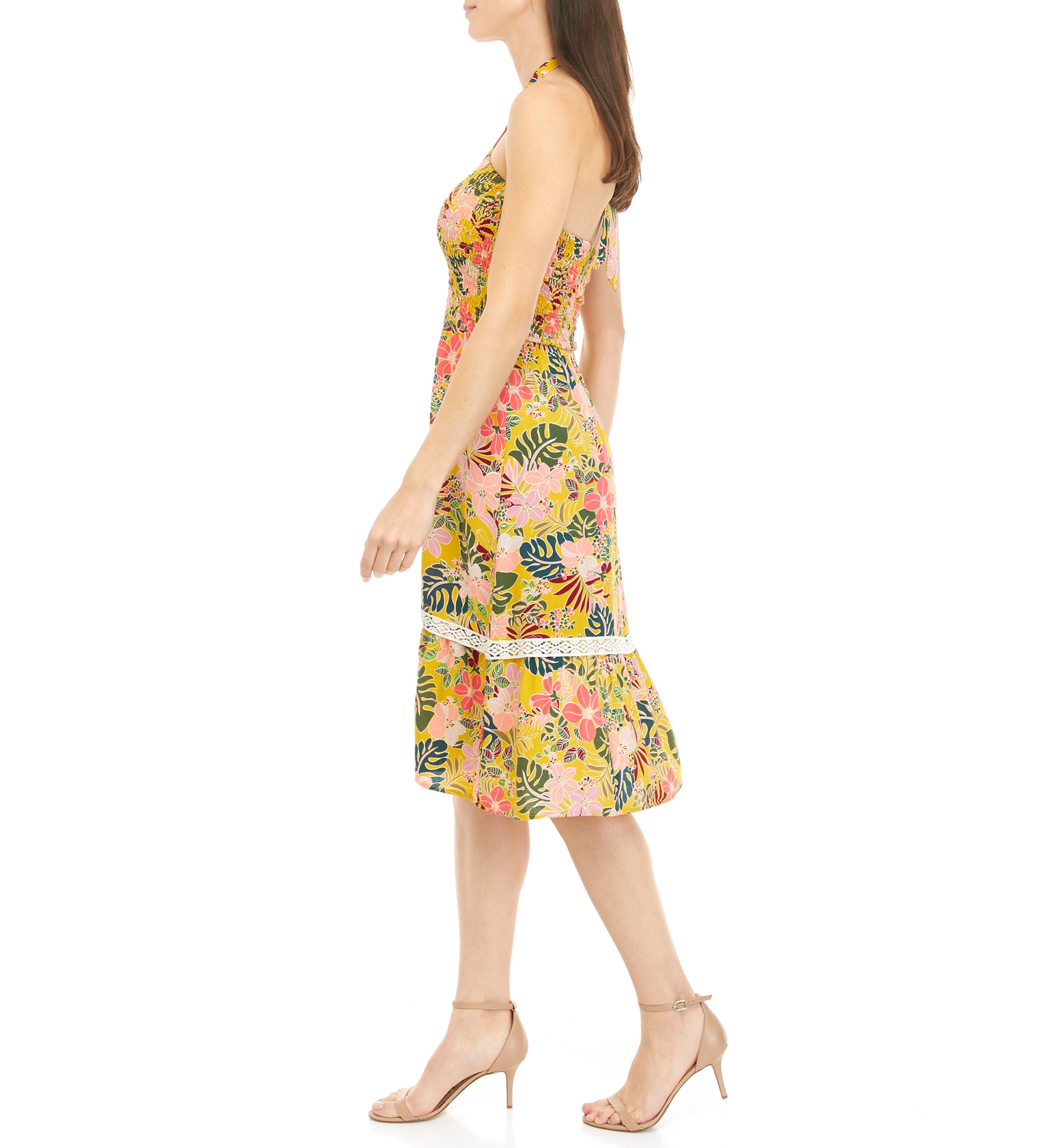 Womens Sleeveless Halter Neck Floral Midi Dress