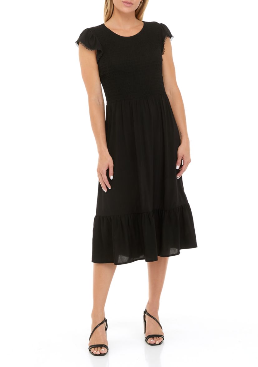 Womens Flutter Sleeve Smocked Midi Dress
