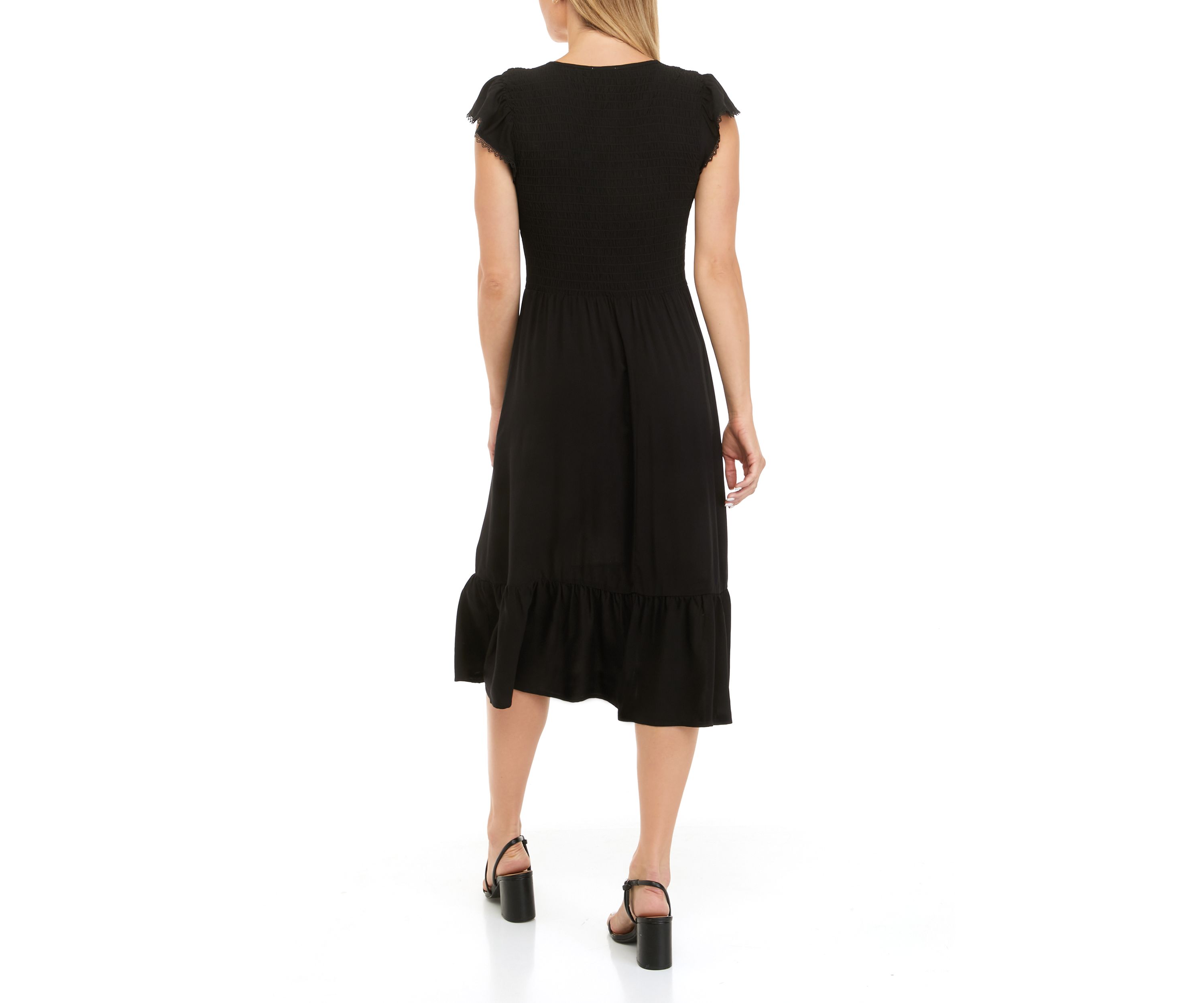 Womens Flutter Sleeve Smocked Midi Dress