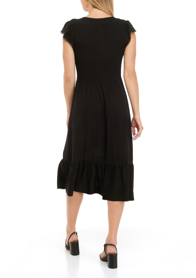 Womens Flutter Sleeve Smocked Midi Dress